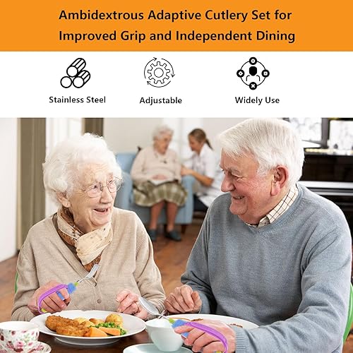 Miniatura 5 de Juego de utensilios adaptativos para ancianos y discapacitados  Tenedor giratorio de 360 y cuchara con correa de silicona ajustable y mango