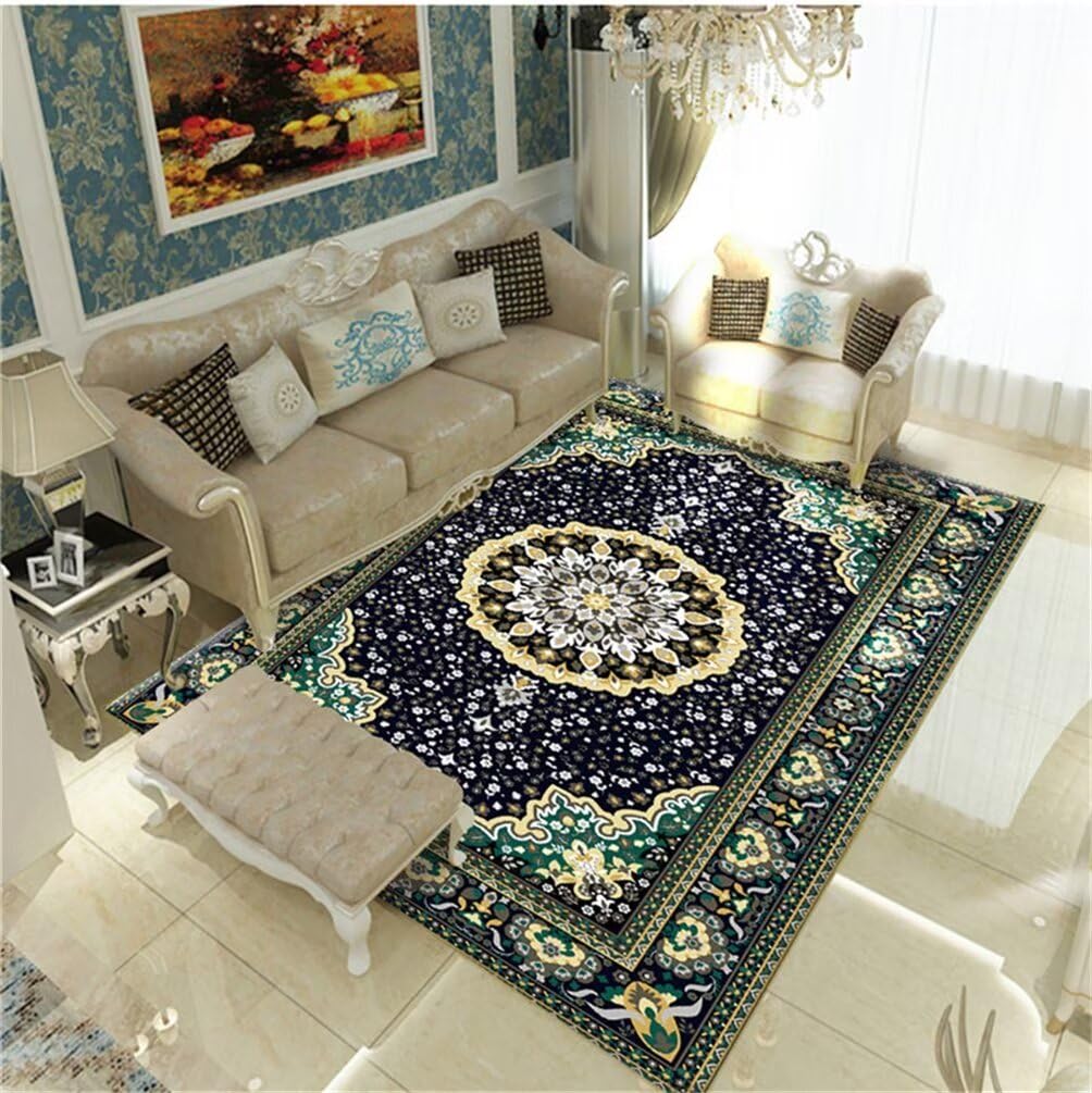 Tapis salon poil court vert 180x250cm rétro à motif floral pour chambre