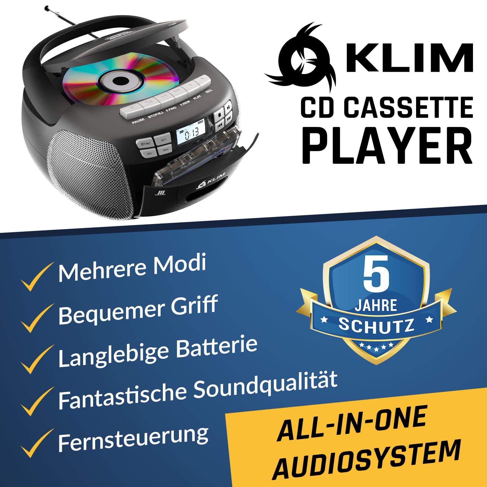 KLIM CD Player mit Kassette, Kassettenspieler, Kassettenrekorder, AM/FM Radio & USB, Bluetooth CD-Player, Netz- und Batteriebetrieb - Silber