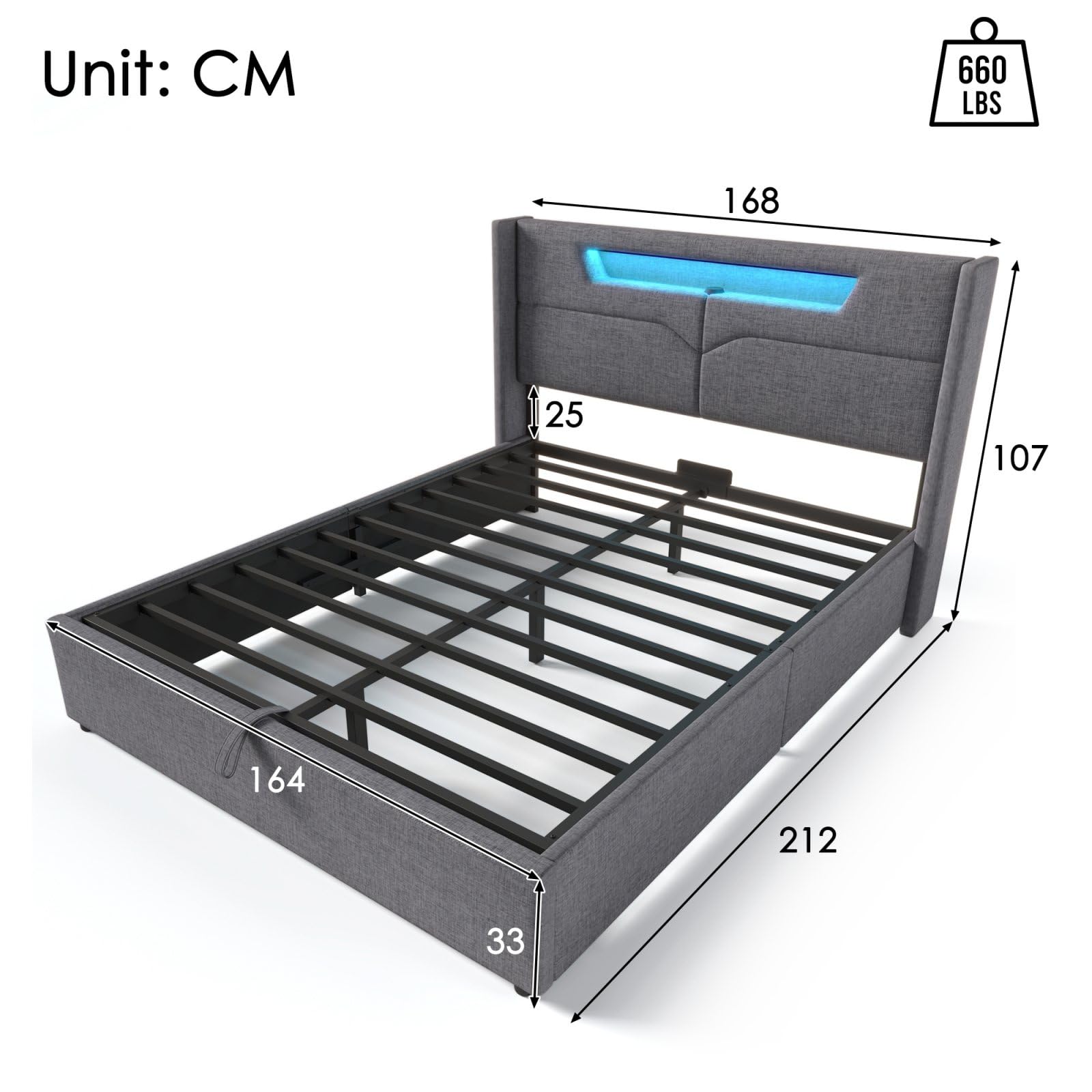 Letto imbottito 140 x 200 cm con testiera contenitore - USB e led - Tessuto lino - Grigio + Materasso | Leroy Merlin