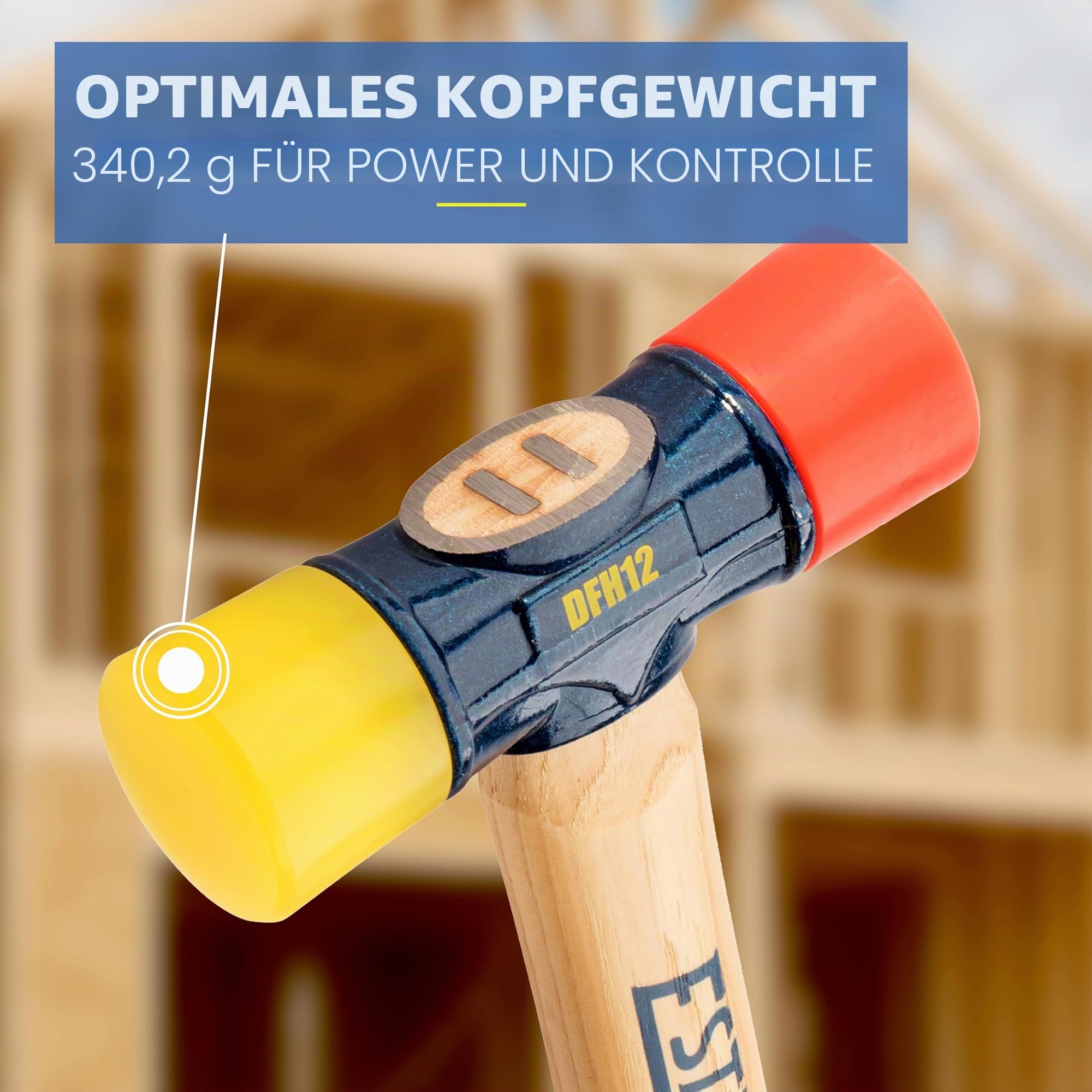 Estwing - DFH-12 Gummihammer – 340 g doppelseitiger Hammer mit weichen/harten Spitzen und Hickory-Holzgriff – DFH12, Schwarz, Rot und Gelb