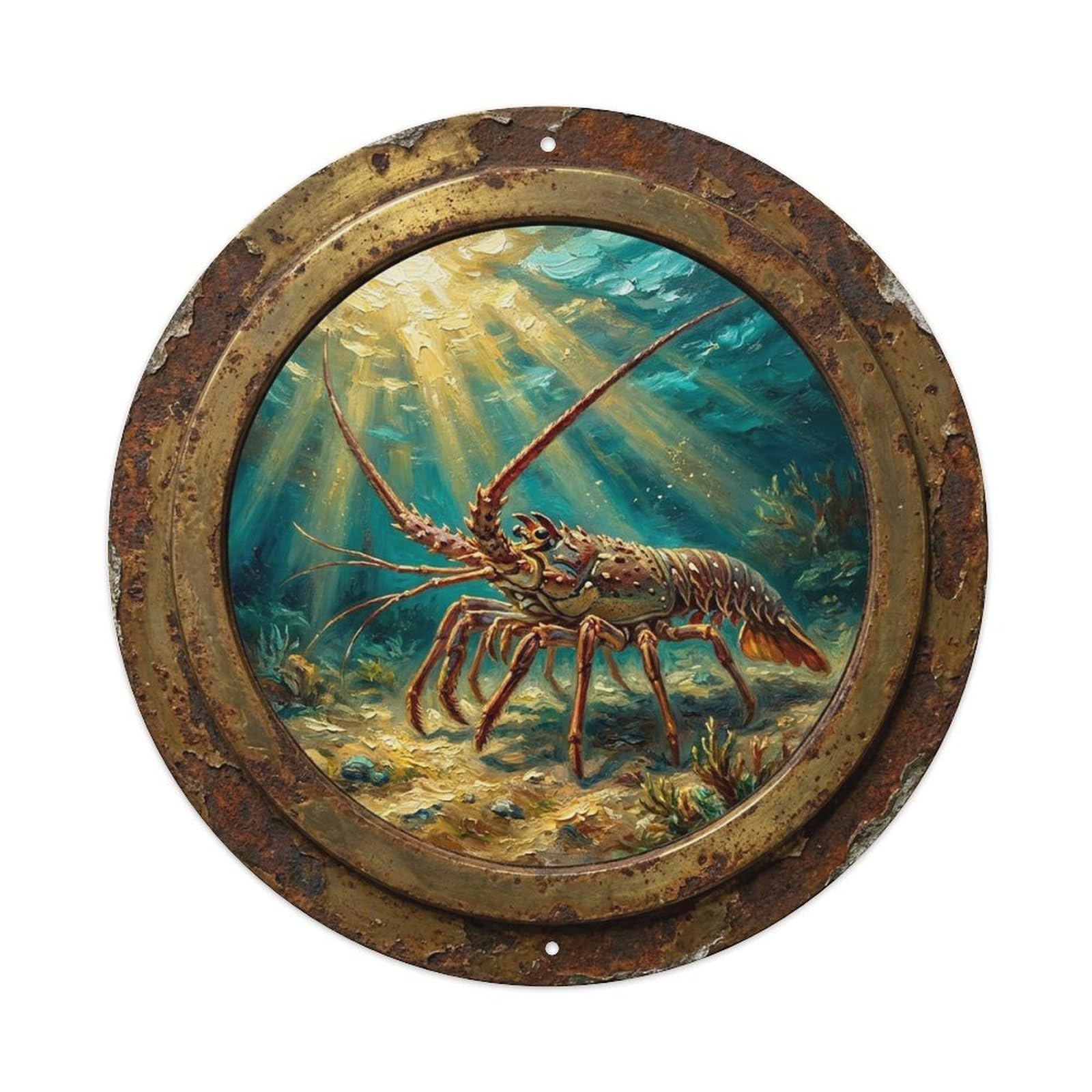 Vintage Porthole Spiny Lobster Walk Ship Window Under Deep Metal Tin Sign