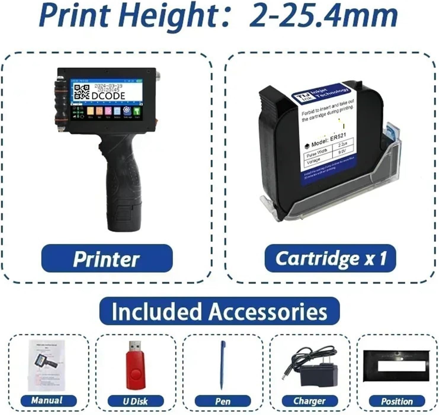 0.5/1 inch 600DPI Portable Handheld Inkjet Printer for Text QR Barcode Batch Number Logo(25.4mm with 1 Ink,JP)
