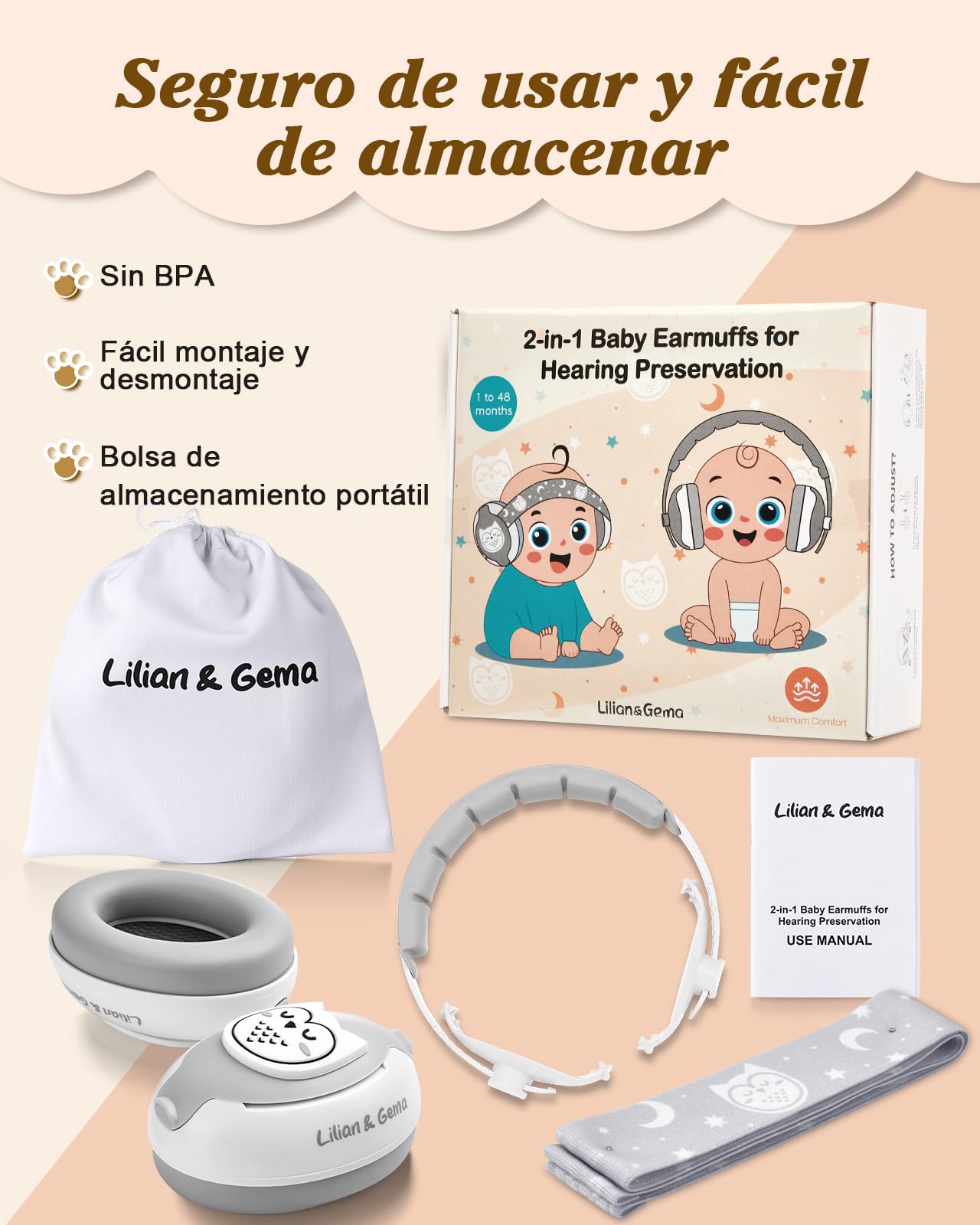 Lilian&Gema 2 en 1 Cascos Bebe Antiruido-Protectores auditivos para bebés，Diadema Ajustable, Antideslizante y sin Presión.Protección auditiva ideal para bebés de hasta 48 meses de edad