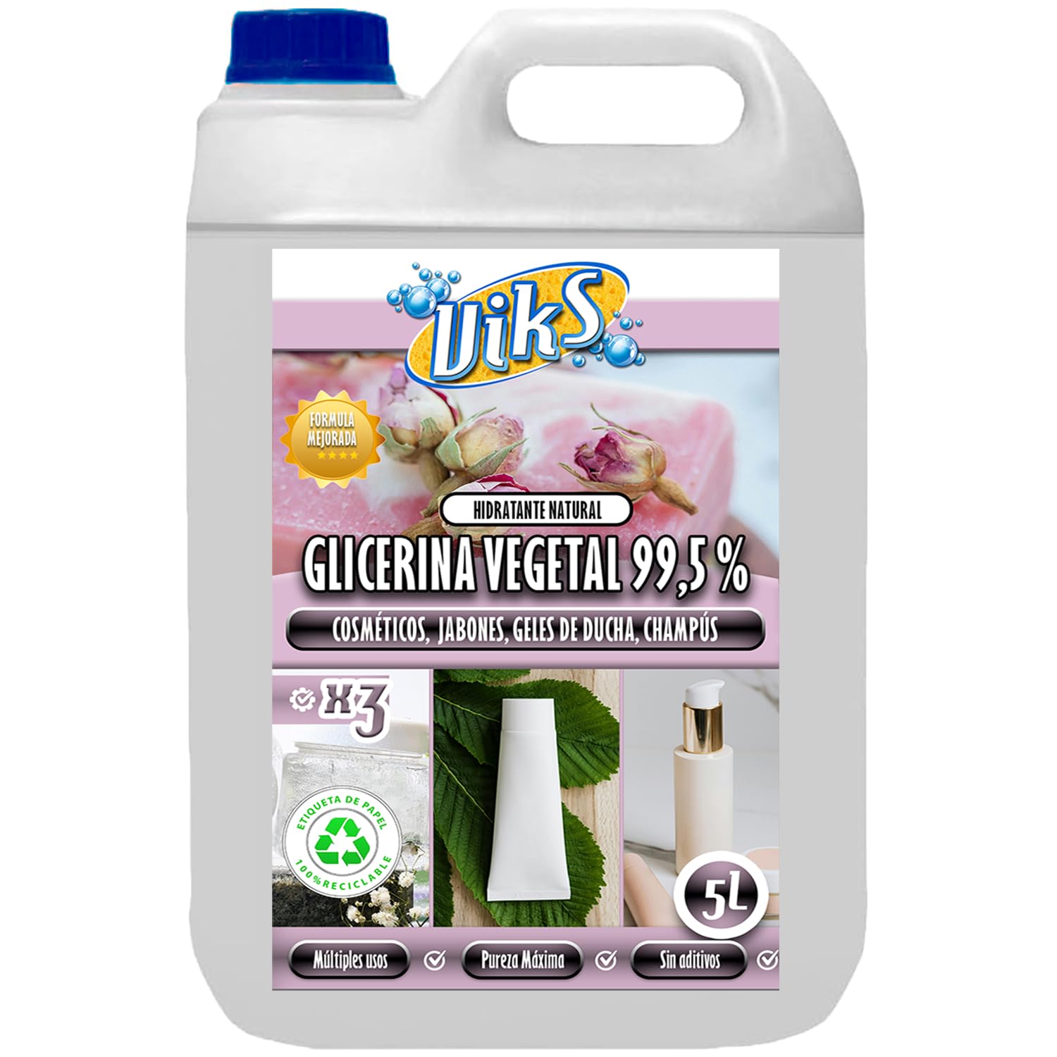 Viks | GLICERINA VEGETAL 99,5% PURO 5L | Para uso cosmético: jabones, geles, champús, cremas | Glicerol incoloro y soluble en agua y alcohol | 5 Litros