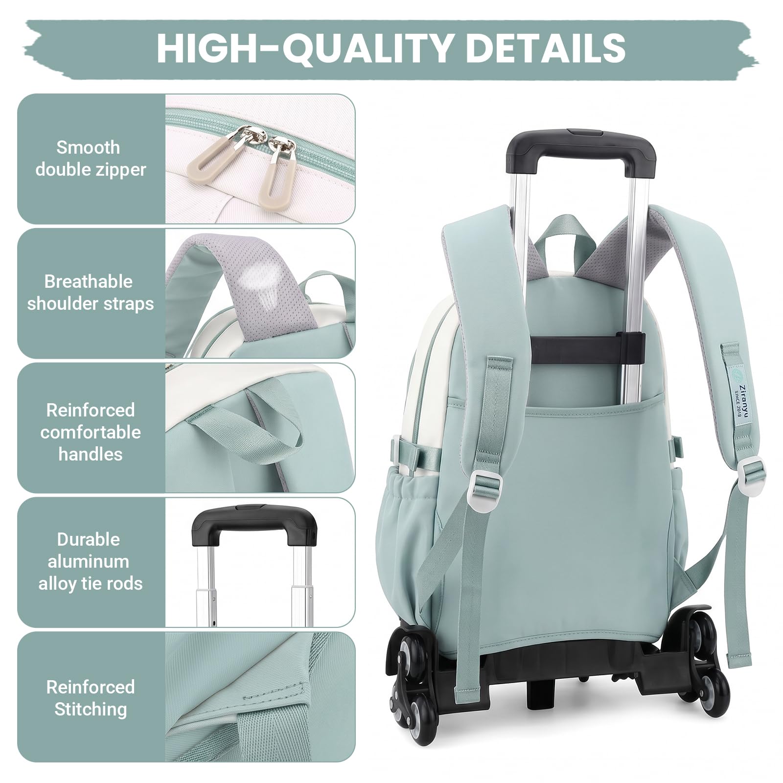 IvyH Mochila escolar con ruedas para adolescentes 2 en 1 con mochila desmontable y carrito con ruedas, mochila escolar con 6 ruedas para primaria y secundaria, verde, Mittelgroße, Clásico