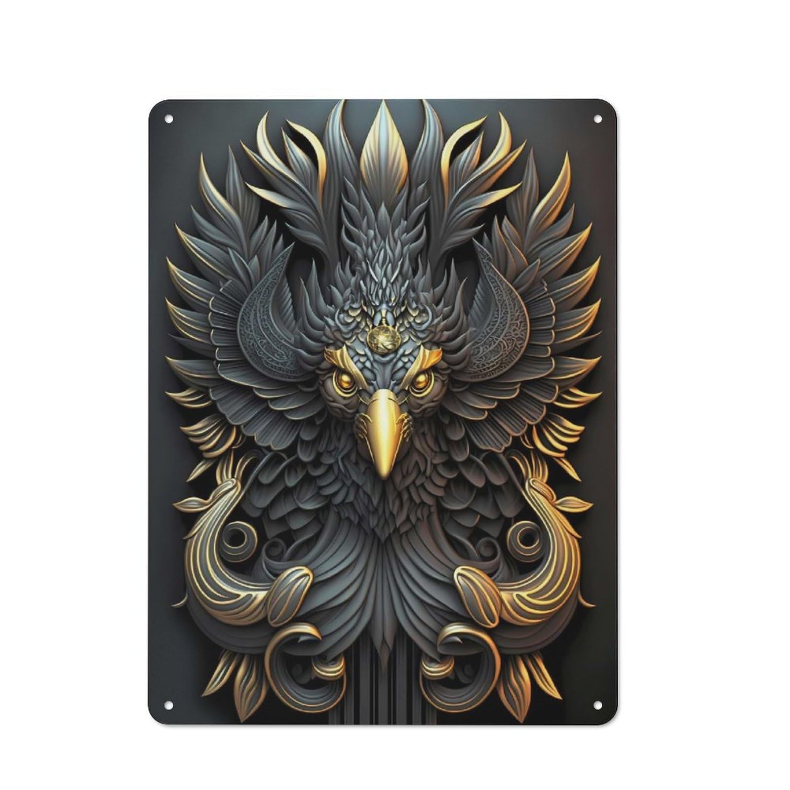 Junmoney Style-4 Golden King Phoenix Industrial Metal Wall Decor 40X30cm, Tin Sign For Workshop, Basement, Shed Or Games Room
