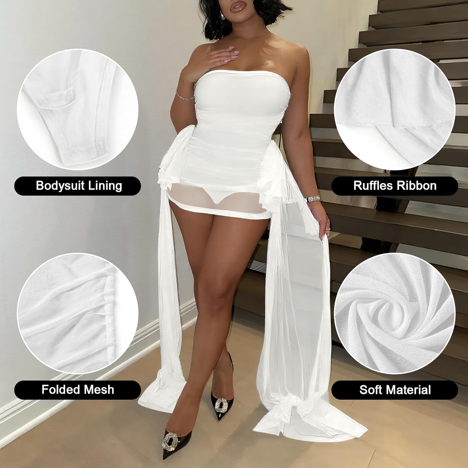 Elainone Women Mesh Sheer Tube Mini Dress Off Shoulder Strapless Ribbon Bodysuit Club Party Night Dresses White - Image 4