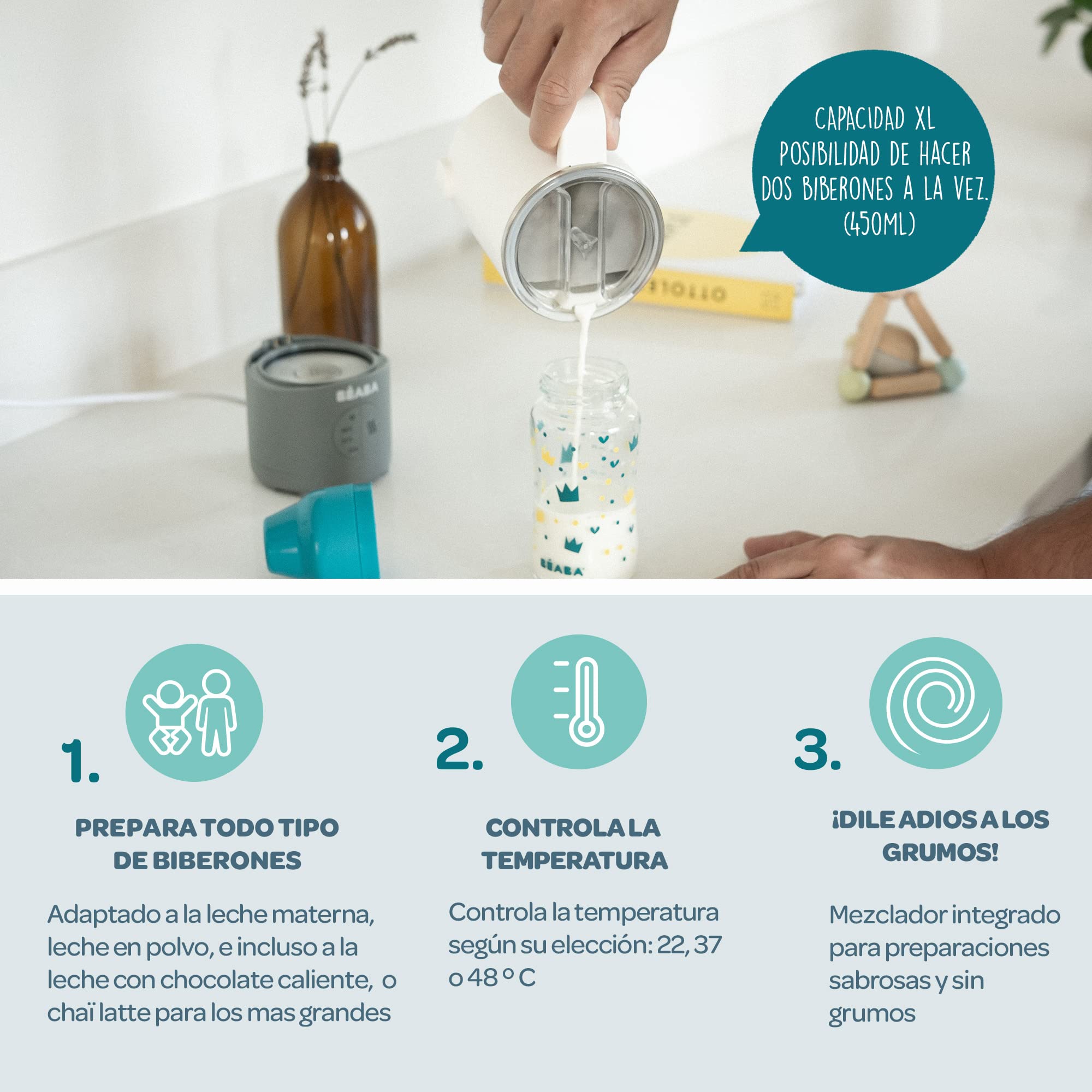 Béaba Milk Prep, Preparador de biberón y bébidas lactéas, Calentamiento rápido, Leche en polvo, Leche de crecimiento, Chocolate con leche - Para bebés y niños, Gris