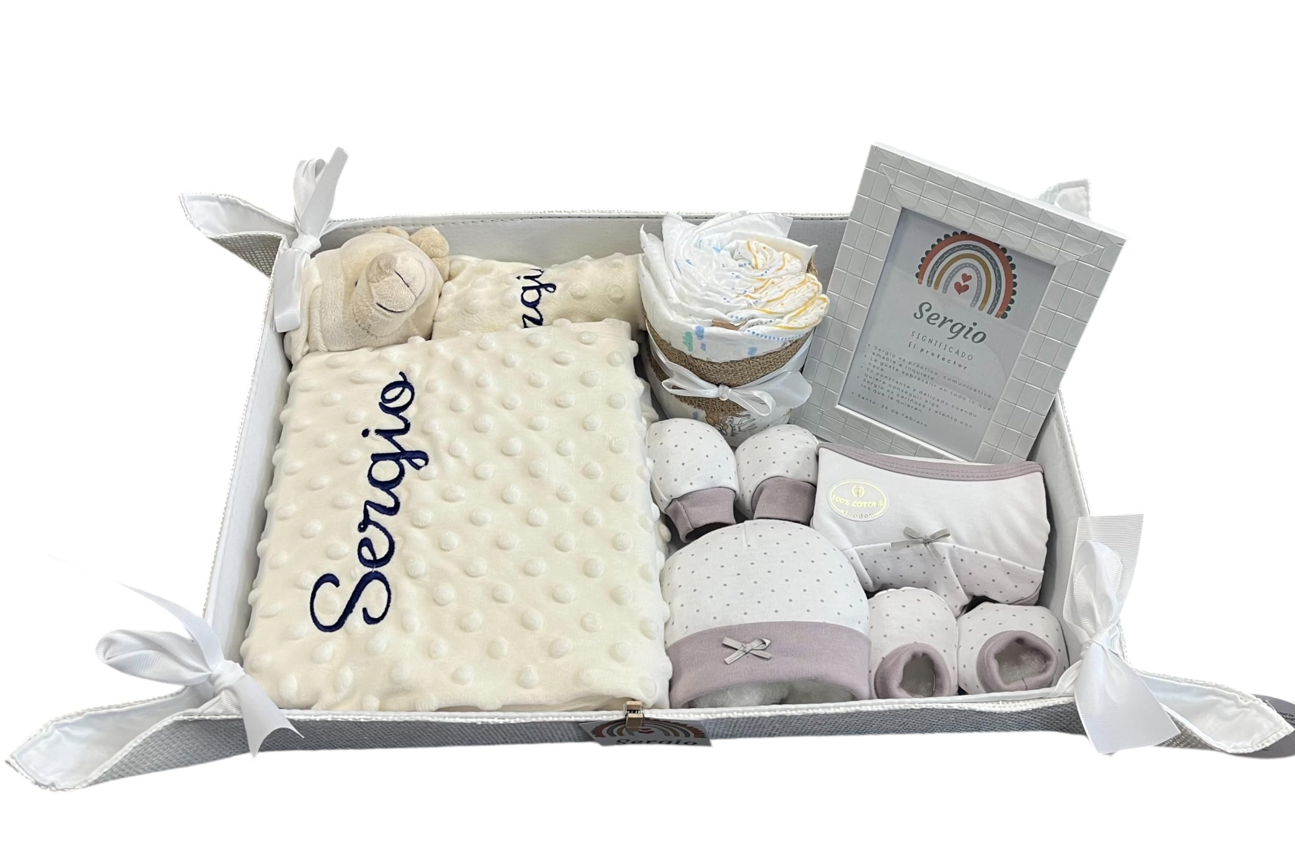 Danielstore Velvet Cesta para Regalo Recién Nacido, Canastilla Bebé Personalizada, Manta y Dou Dou Osito Bordada, Incluye Set de Primera Puesta y Pastel de Pañales (Deluxe 1 Beige)
