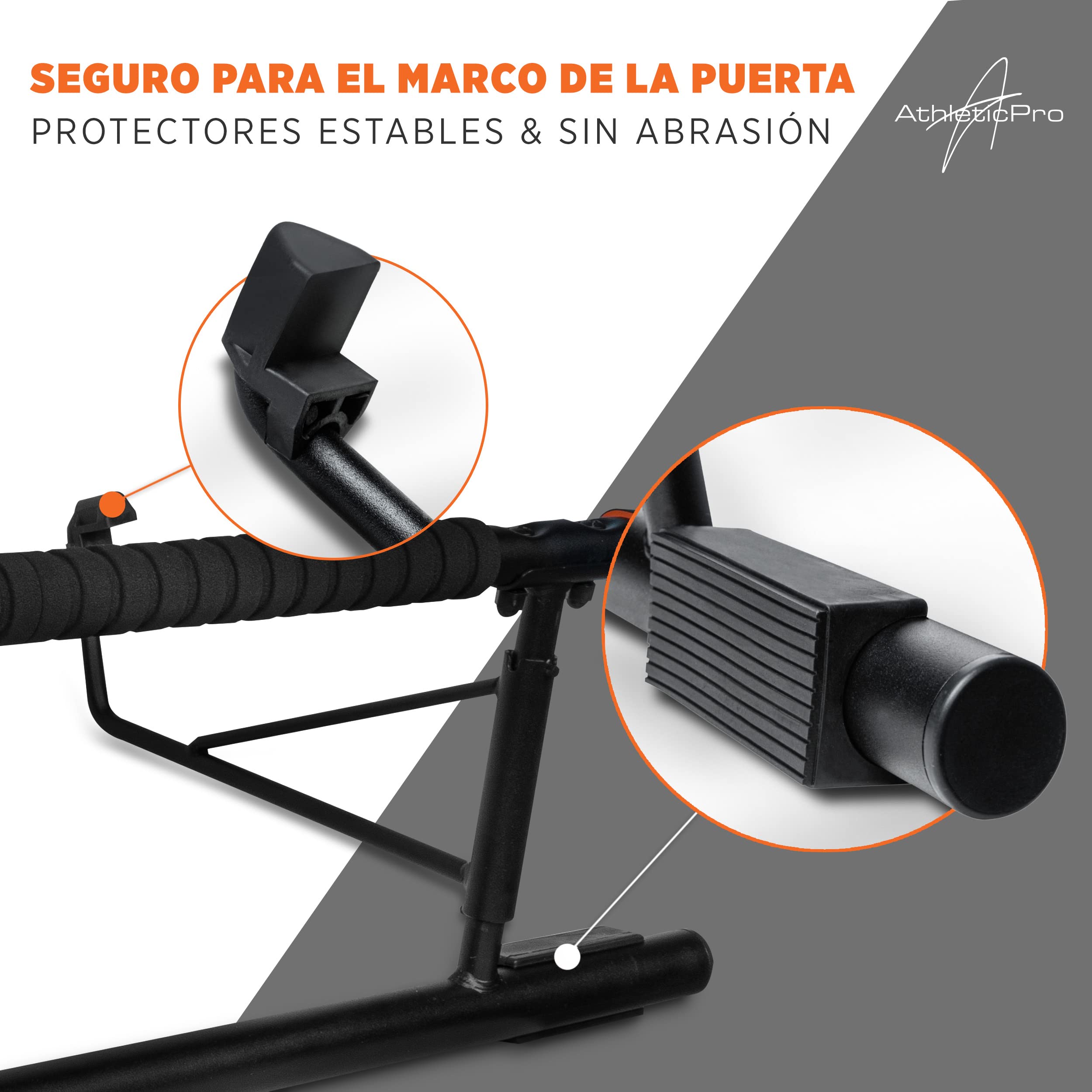 AthleticPro Barra de Dominadas para Marco de Puerta sin Taladrar – Barra de Pull Up Resistente para Colgar [puertas hasta 90cm] – Para Dominadas, Fondos y Flexiones con Banda Elástica