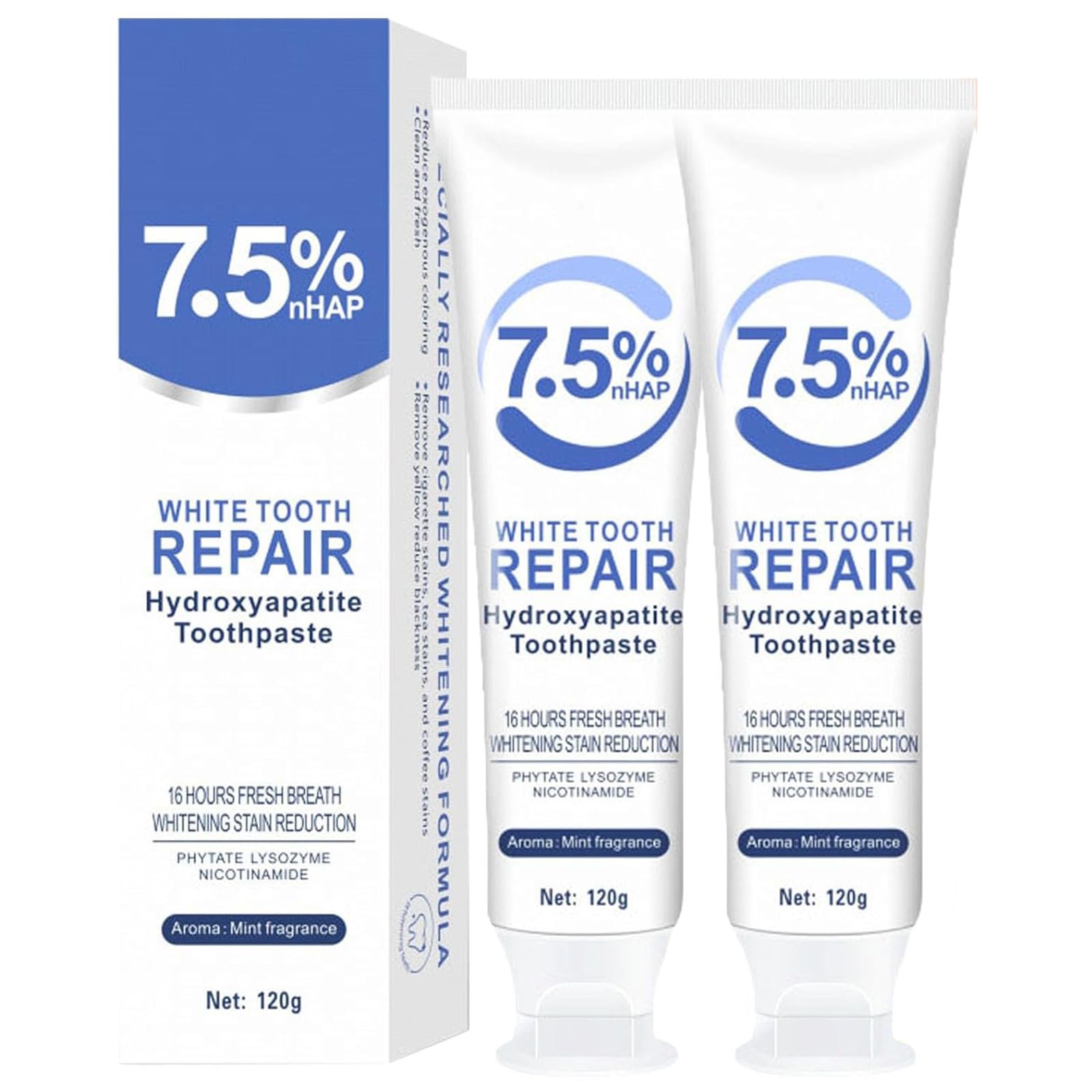2pcs 7.5% Hydroxyapatite Toothpastes for Enamel Protection and Tooth Strengthening, 7.5% Nano Hydroxyapatite Toothpaste White Tooth Repair, Fluoride-Free, Gentle Mint, Fresh Breath Blue