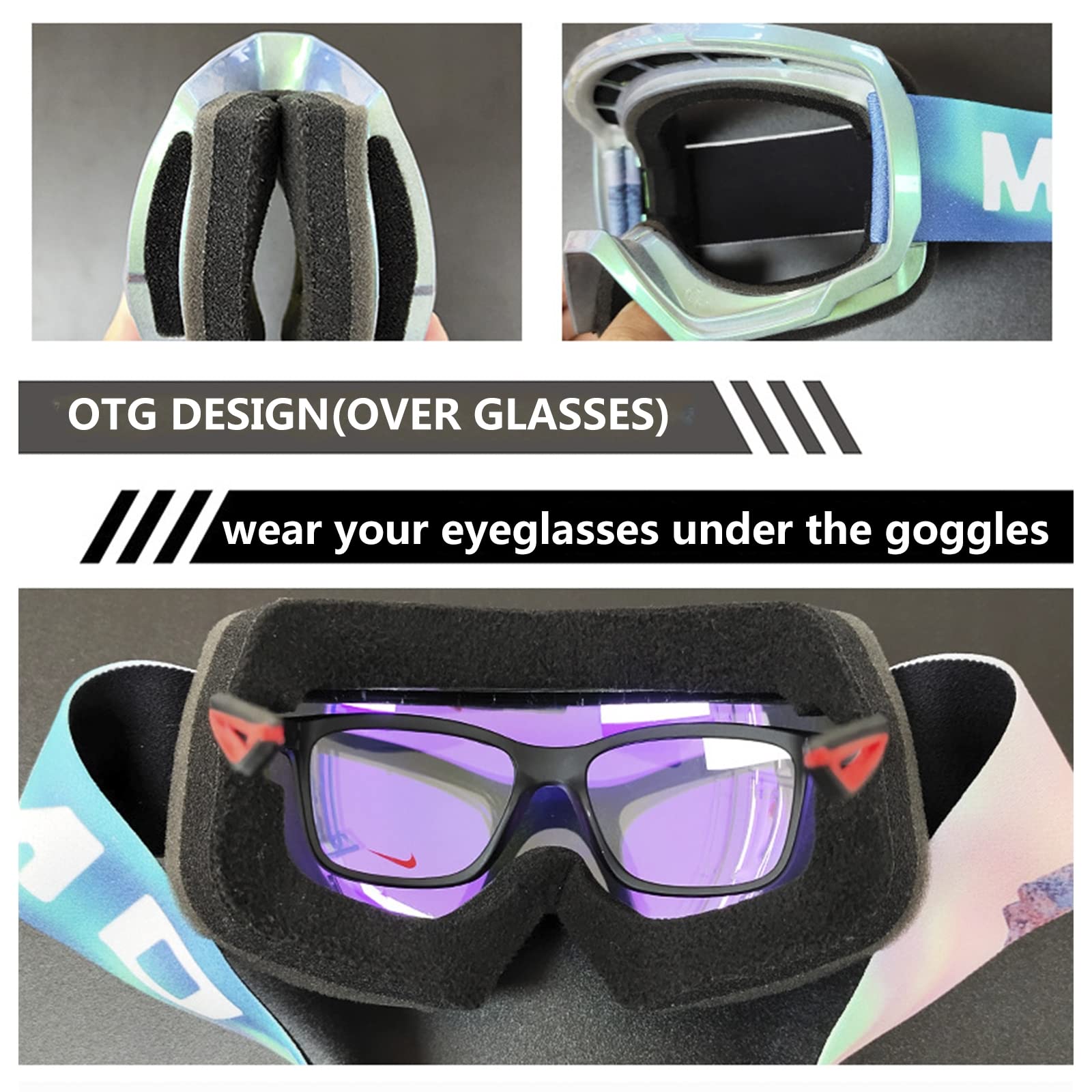 Lunettes de Ski Homme Femme, Anti-Buée Masque de Ski OTG, Anti-poussière Coupe-Vent, 100% Protection UV, Masques de Snowboard pour Ski Cyclisme Snowboard Randonnée d'hiver
