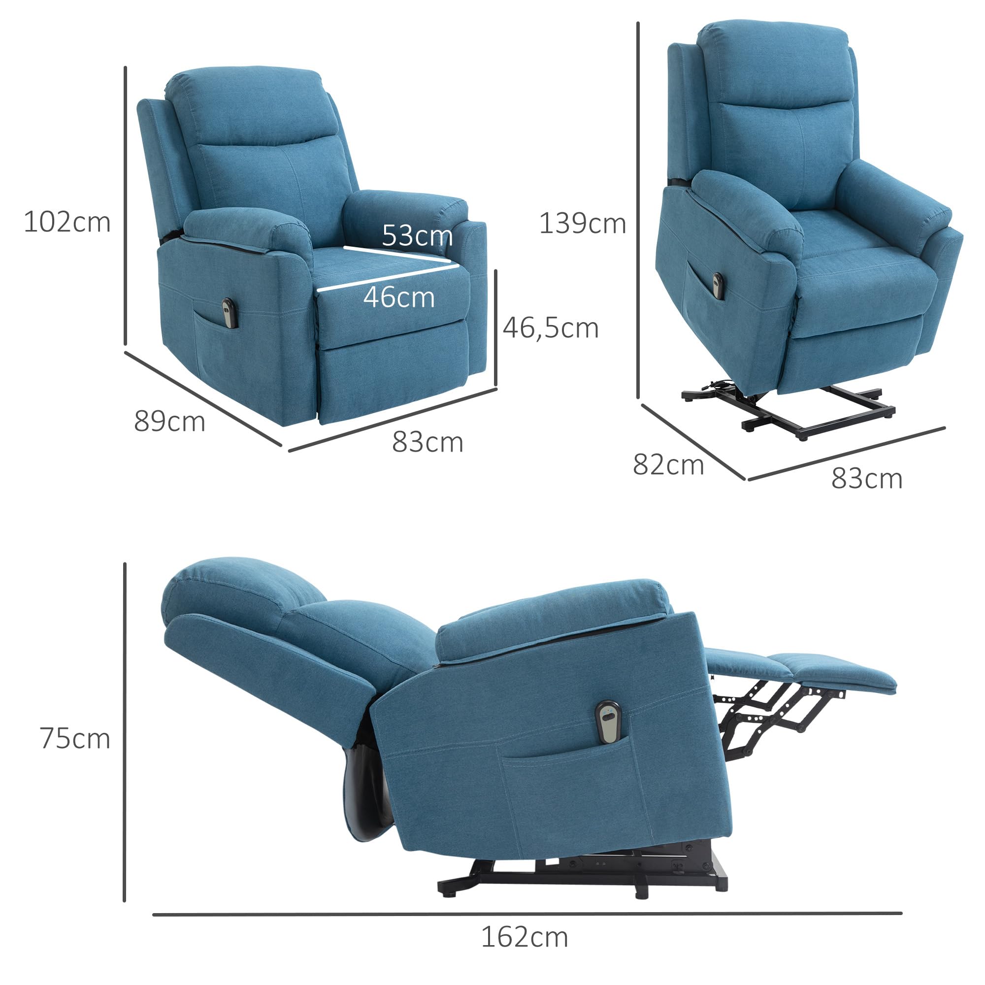 HOMCOM Fauteuil releveur électrique, Fauteuil Relax électrique avec Repose-Pied, Dossier inclinable, télécommande et Poche latérale Charge 120kg Tissu Aspect Lin Bleu