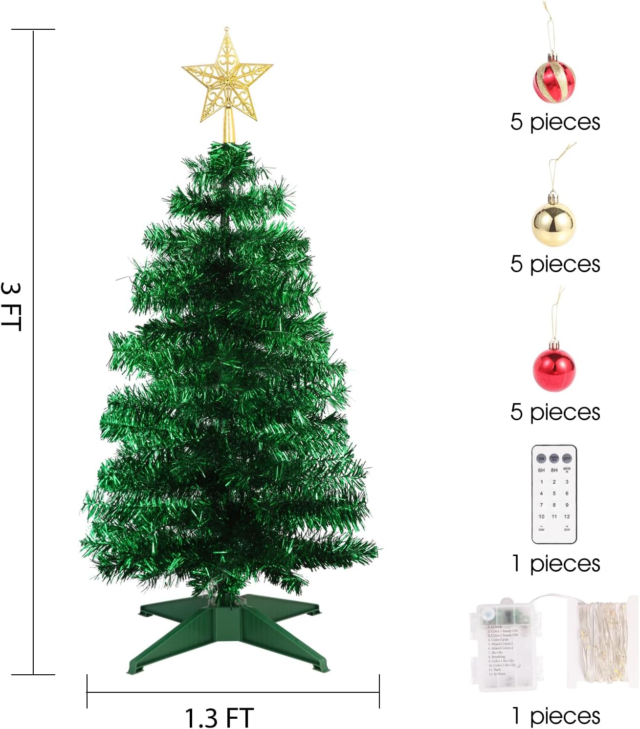 3 FT Green Christmas Tree with DIY 50 LED Warm White & Dual Color Changing Lights, 3D Star, 15 Ball Ornaments, 12 Modes and Timer, Small Tinsel Xmas Tree for Home Office Indoor Holiday Party Decor