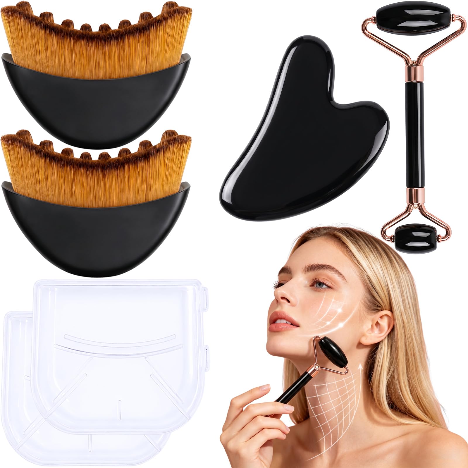 4 Pcs Lymphatic Contour Face Brush, Gua Sha Facial Tools & Jade Roller Set
