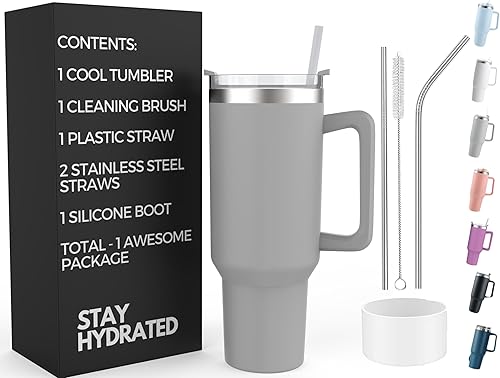 Re Tech UK - Vaso de 40 oz con tapa y popote + 2 pajitas de acero inoxidable y bota de silicona - Vaso aislado con asa y popote -Vaso Vaso - Ideal