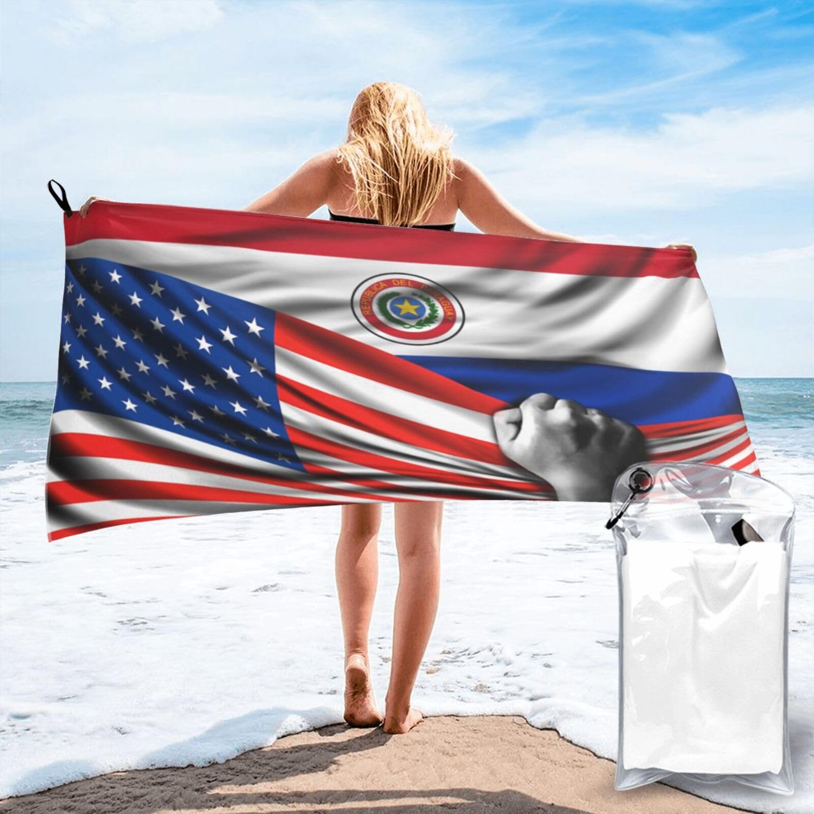 HACXZ Beach Towel America Flag and Paraguay Paraguayan Flag Microfiber Beach Towel Lightweight Absorbent 27.5"X55"
