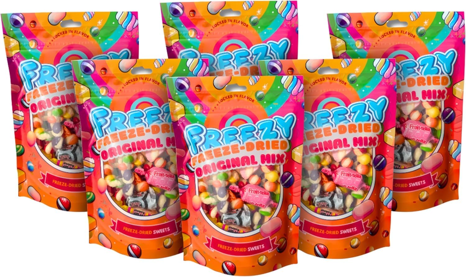 Freezy Freeze Dried Candy Bundle, Original Mix (Pack of 6) 720 gms, Bites includes & Squishes, Refresher sweets, Fruit Salad Bites, Blue Jacks & Marshmallows