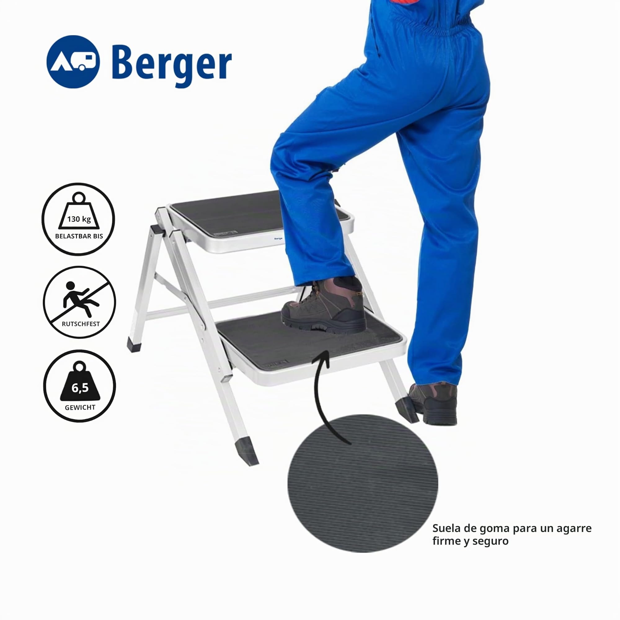 Berger Escalera Dos peldaños | escalón para caravanas | Peldaño Plegable | Escalera para Caravana | Taburete Caravana | Peldaño Caravana | Escalon Autocaravana | Escaleras Plegables, hasta 130 kg