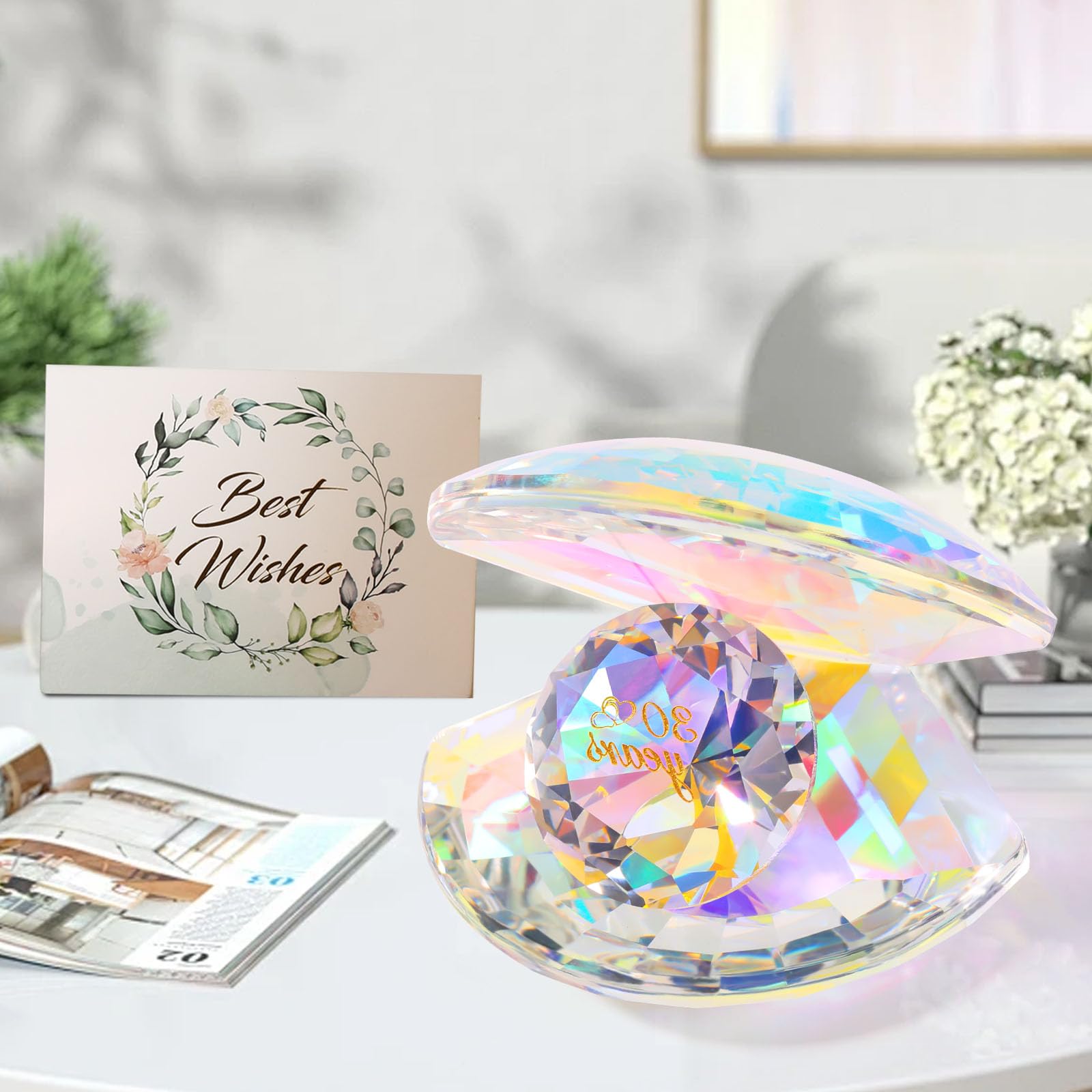 Pkinmonut Pearl Shells Crystal Ornaments 30th Wedding Anniversary Romantic Gifts for Couples 30th wedding Anniversary Presents for Parents glass ornaments with Wooden Heart Plaque and Card - Image 3