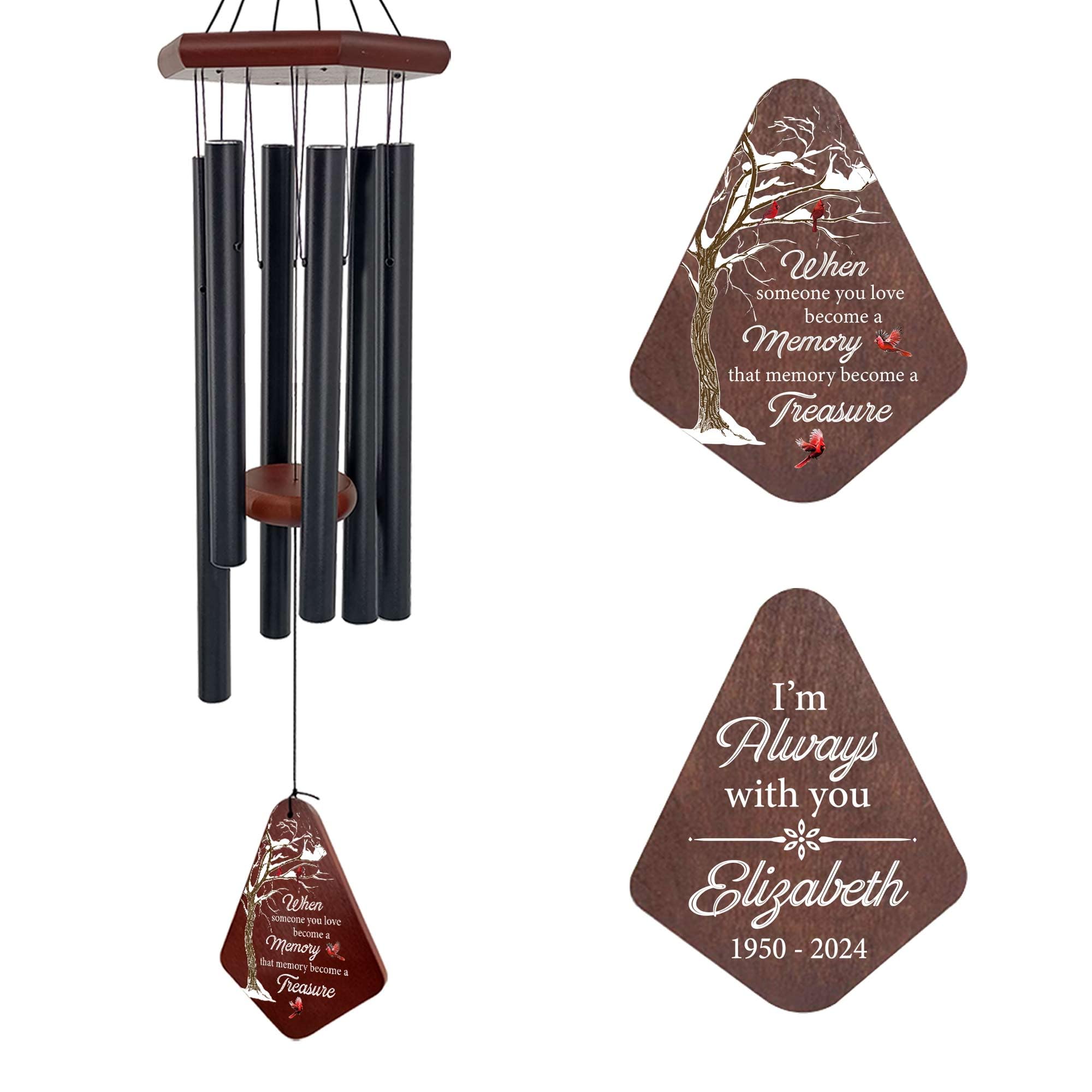 Cardinal Memorial Wind Chimes, Personalized Deep Tone Aluminum
