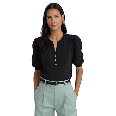 Lauren Ralph Lauren Petite Lace Trim Jersey Puff Sleeve Henley T Shirts Women