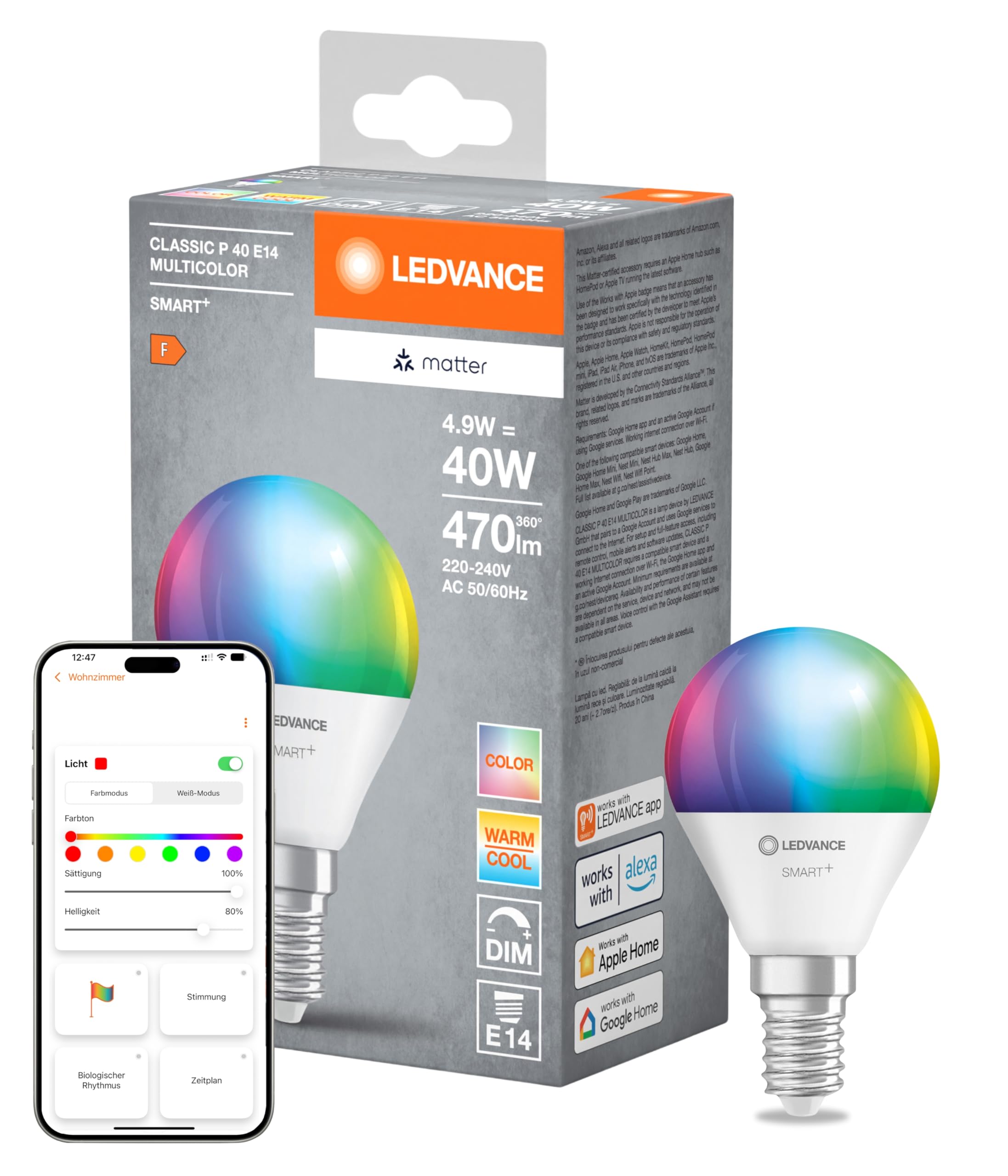 LEDVANCE LEDVANCE SMART+ MATTER LED-Lampe, kompatibel mit Google, Alexa, Apple, weiße Frost-Optik, 4,9W, 470lm, E14, Farblicht & Weißlicht, App- oder Sprachsteuerung, bis zu 20.000 Std. Lebensdauer,single pack