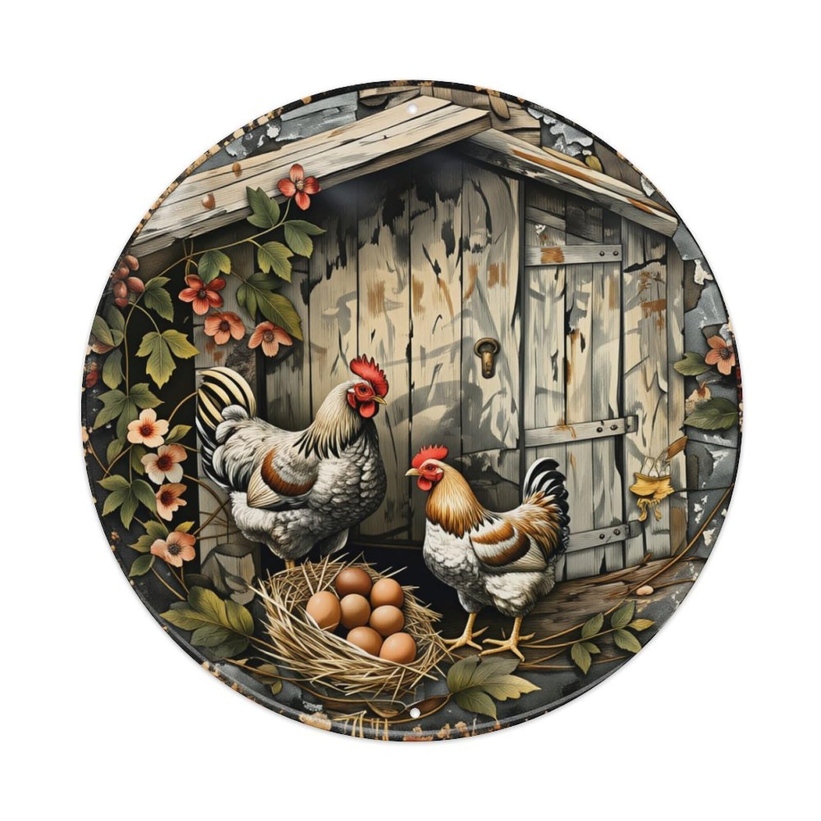 Chicken Coop Nest Eggs Flowers Round Tin Sign Retro Metal Sign for Cafe Bar Pub Home Game Room Gym Club Wall Decoration Vintage Metal Poster 8x8 Inch