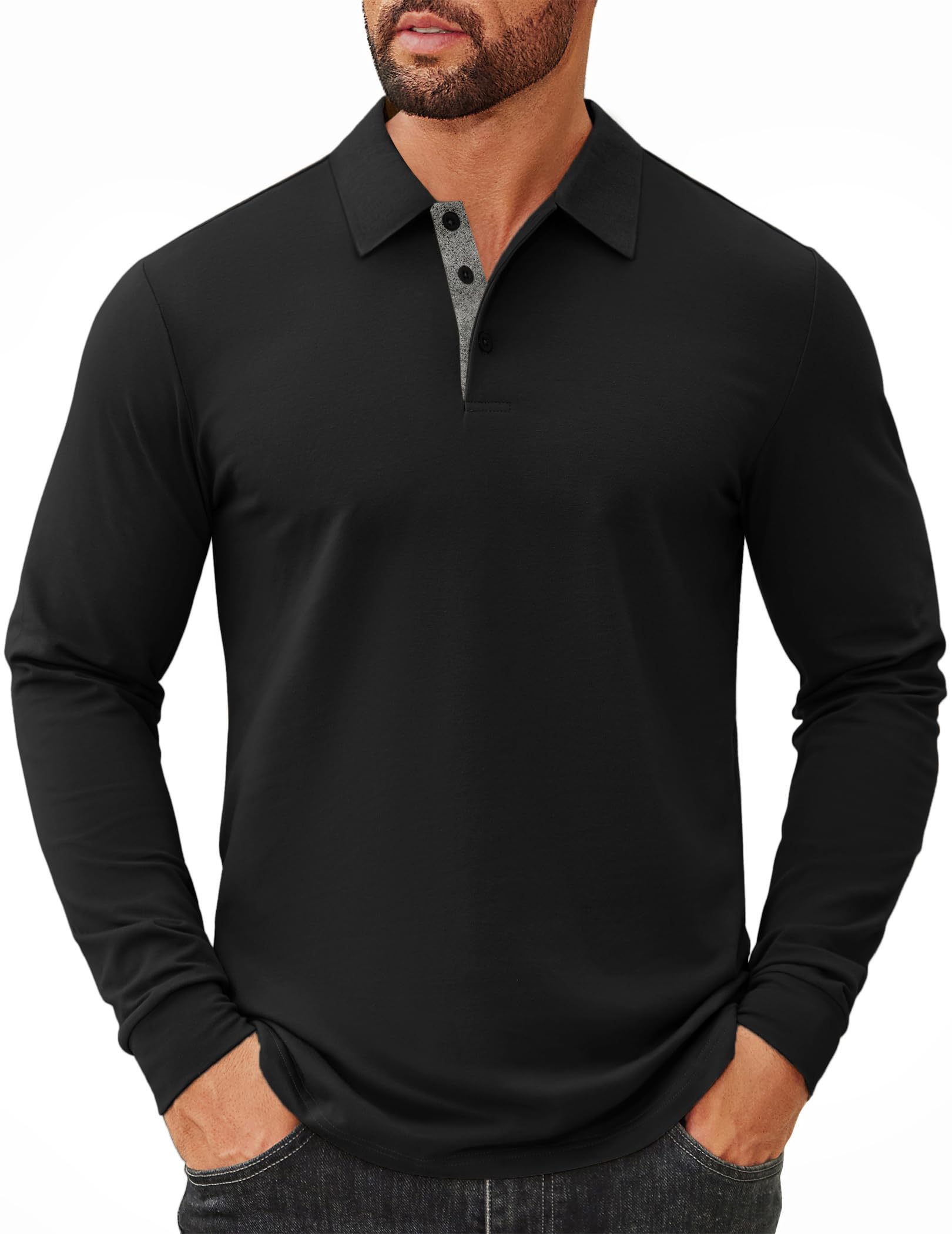 COOFANDY Mens Long Sleeve Polo Shirts Cotton Collared Shirts Casual Business Polo Classic Golf T Shirts Global Recycled Standard Global Recycled Standard Global Recycled Standard ISCC PLUS