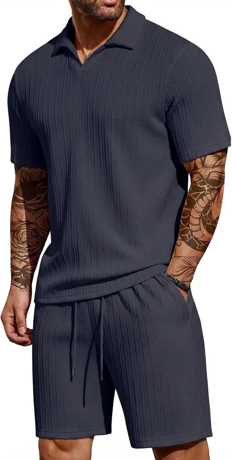Angbater Mens Summer Beach Outfits 2 Piece Short Set Jacquard Texture Knit Lounge V Neck Shirt and Vacation Shorts