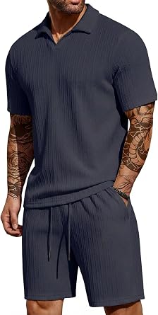 Mens Summer Beach Outfits 2 Piece Textured V Neck T Shirt and Shorts Set | Jacquard Texture Knit Fabric,breathable Comfort,Lightweight,Relaxed Fit for Beach Trips, Vacation, Gym, Lounge,Casual Daily
