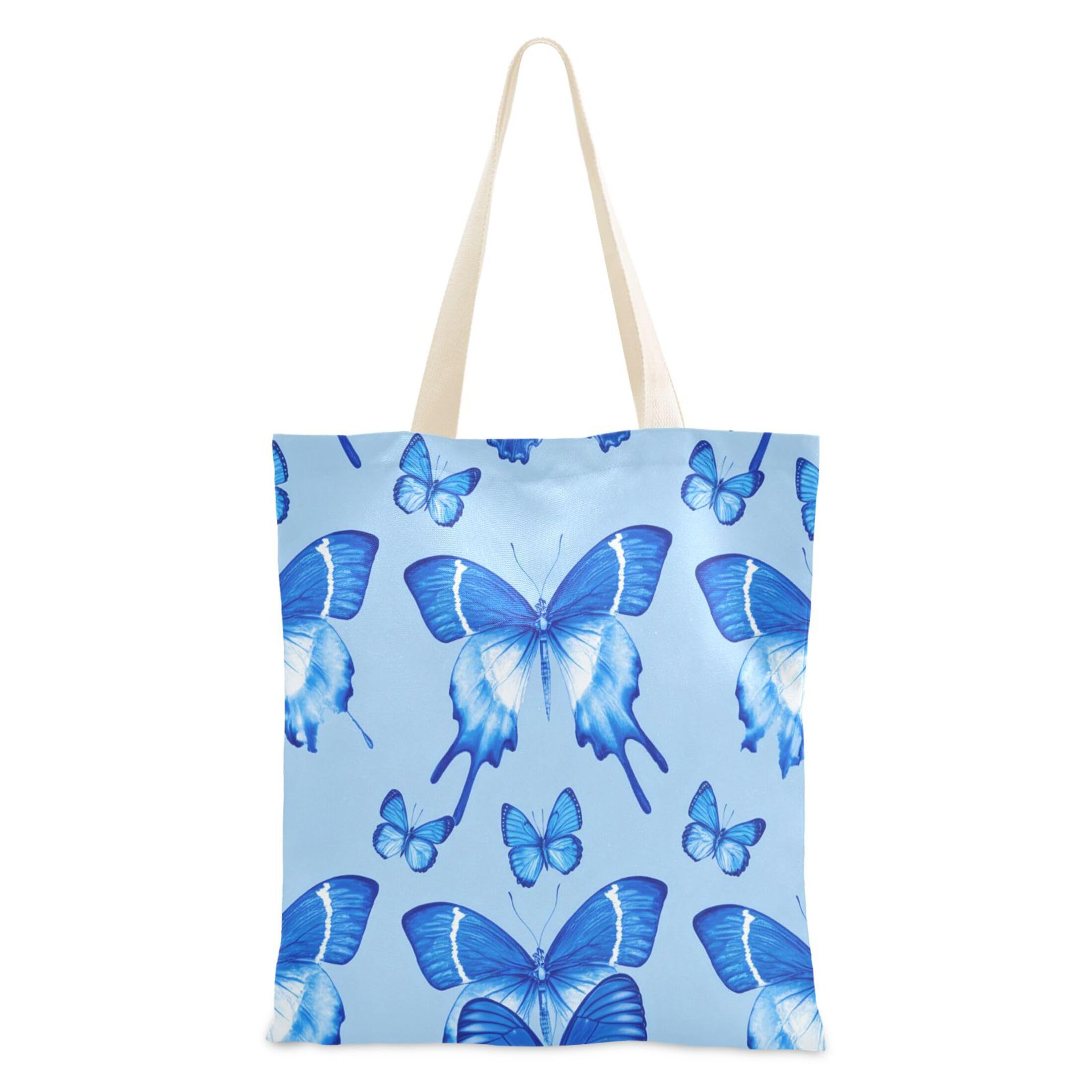 Burbuja Blue Butterflies Canvas Tote Bag, Reusable Grocery Bag with Handles for Casual Shopping Beach Wedding Gift, Washable, 15x16.5 in