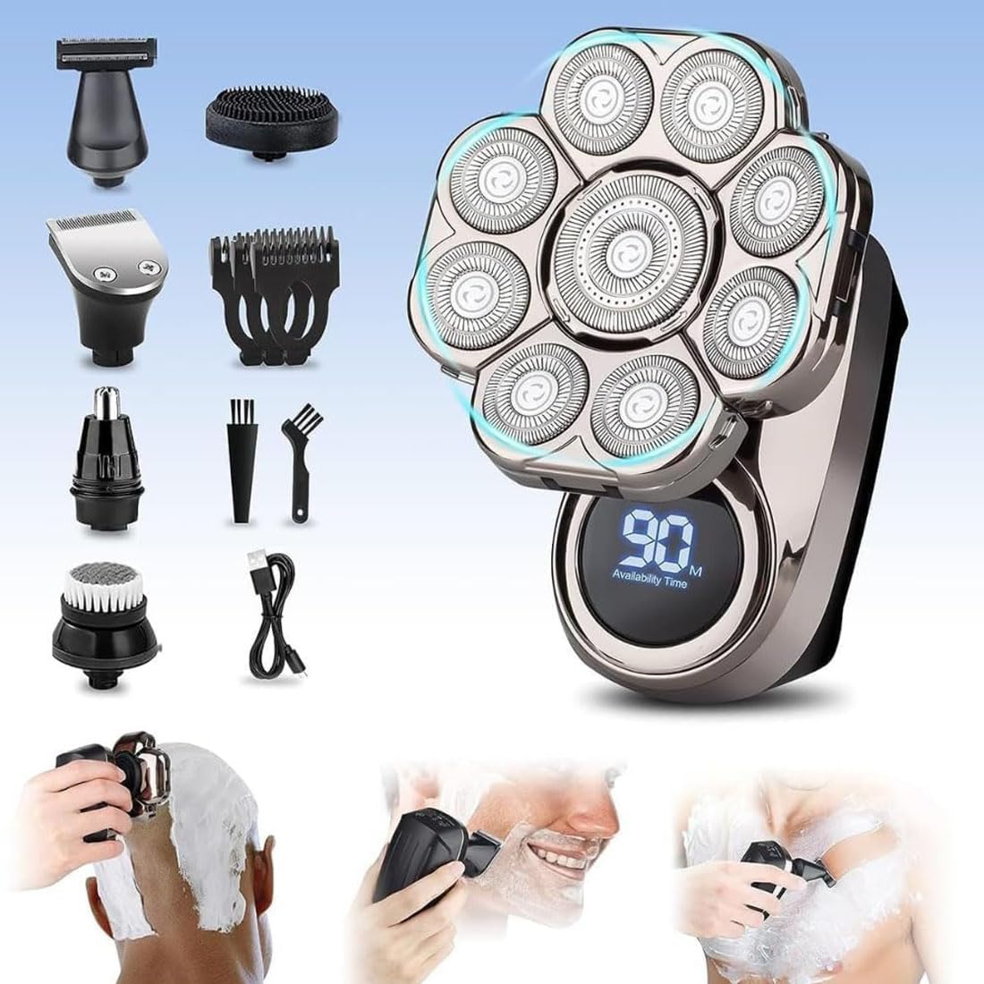Rasoio elettrico per la testa BAWLDY 9.0 Ultra per uomo (B) | Rasoio rotante flottante 9D con design impermeabile IPX7, rifinitore elettrico 6 in 1 per uso a secco e bagnato