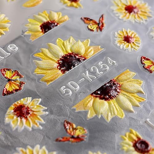 Miniatura 7 de 4 hojas de calcomanías de girasoles para uñas, calcomanías 5D en relieve de flores de sol de verano, calcomanías de uñas grabadas con flores,