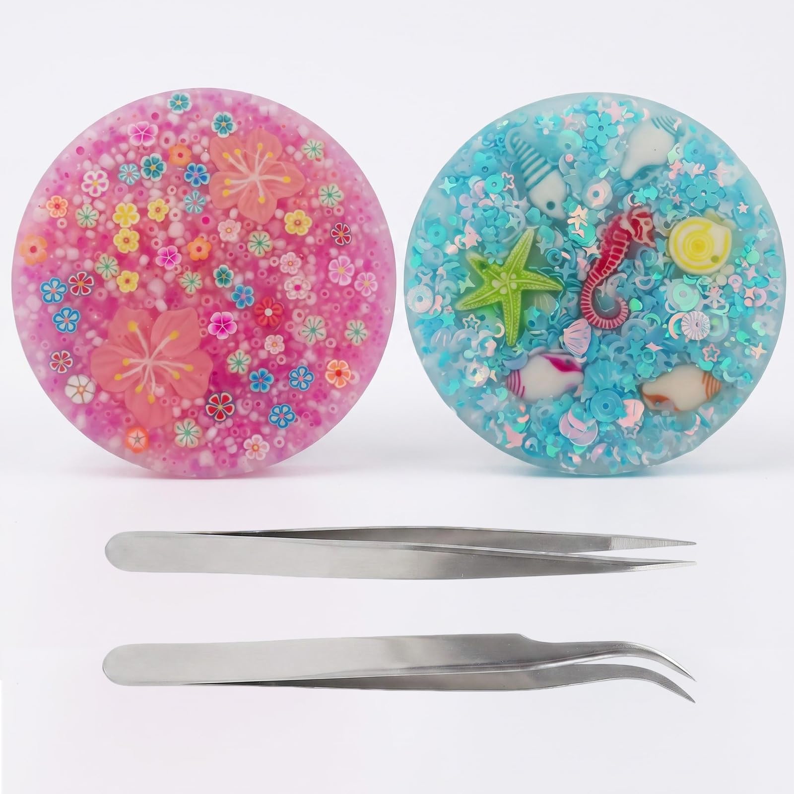 Mtbricey 2 Pack Picky Pad Sensory Fidget Set 8cm Ocean Themed Stress Relief Pads with Tweezers, Reusable Fidget Habit Support Pads for Focus Calm Desk Accessory for Adults
