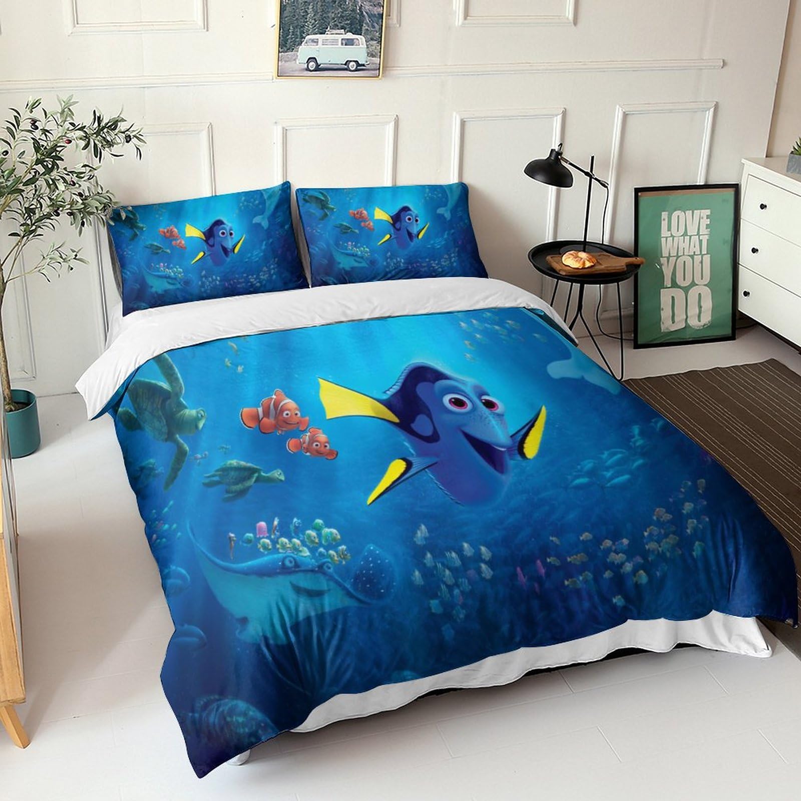 3D Onderwater Wereld Dekbedovertrek Cartoon Tropische Shoal Vis Octopus Hippocampus Zeester Strand Kokosnoot Boom Krab Graffiti Polyester Beddengoed en Kussenslopen voor Kinderen (Kleur 3, Dubbel 200x200 cm