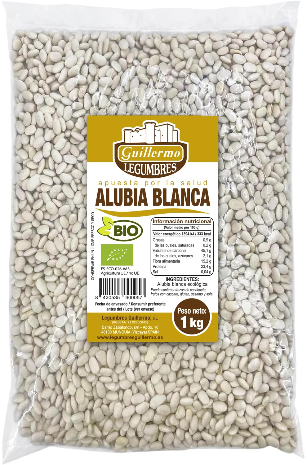 Guillermo | Alubia blanca BIO - Bolsa 1kg. | 100% ecológico | Gran fuente de proteínas vegetales, hidratos de carbono, minerales y vitaminas