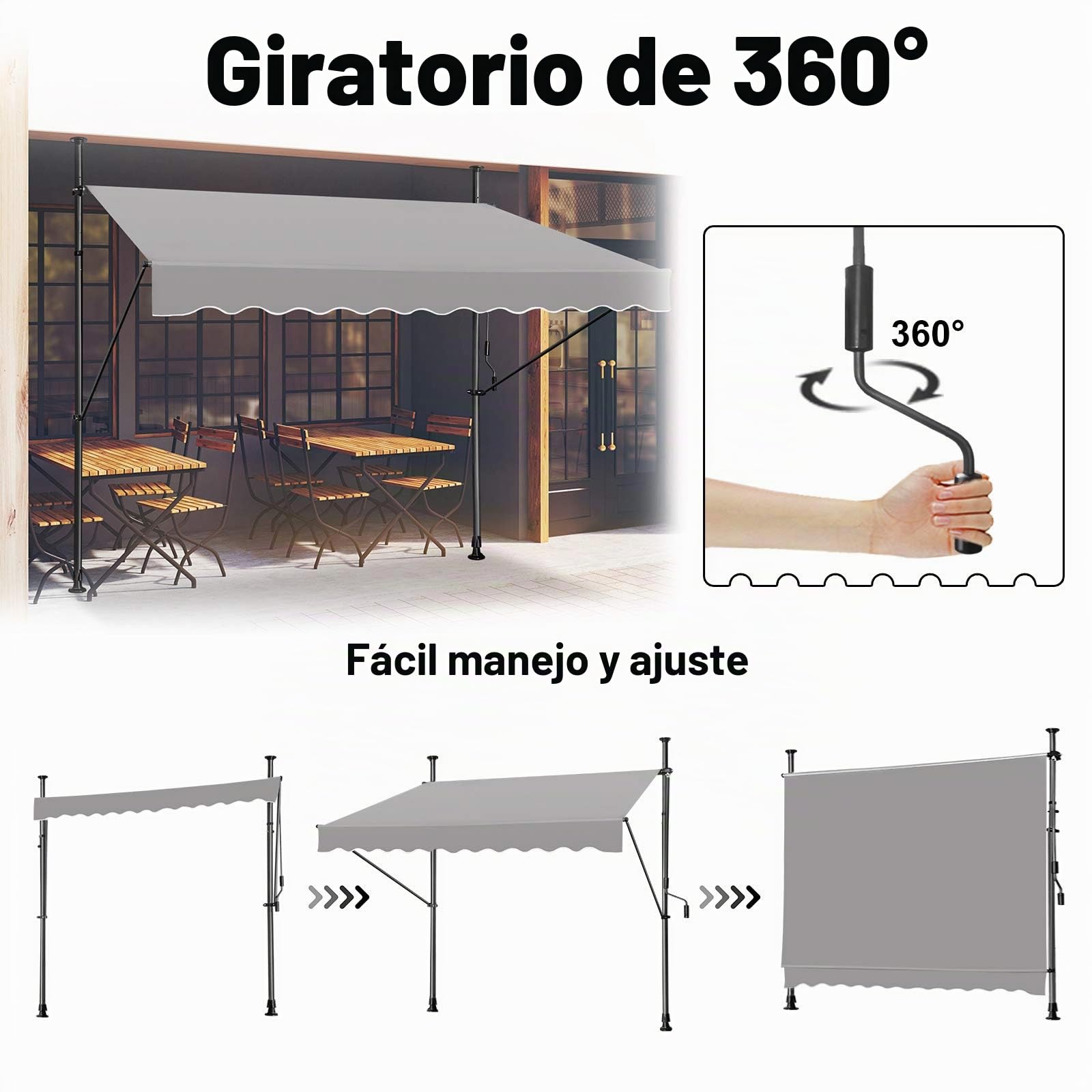 FIVMEN Toldo Manual Retractil Exterior con Manivela Toldo para Balcón Sin Taladros Altura Ajustable Protección Solar Resistente a la Intemperie, 250x120cm Gris Claro
