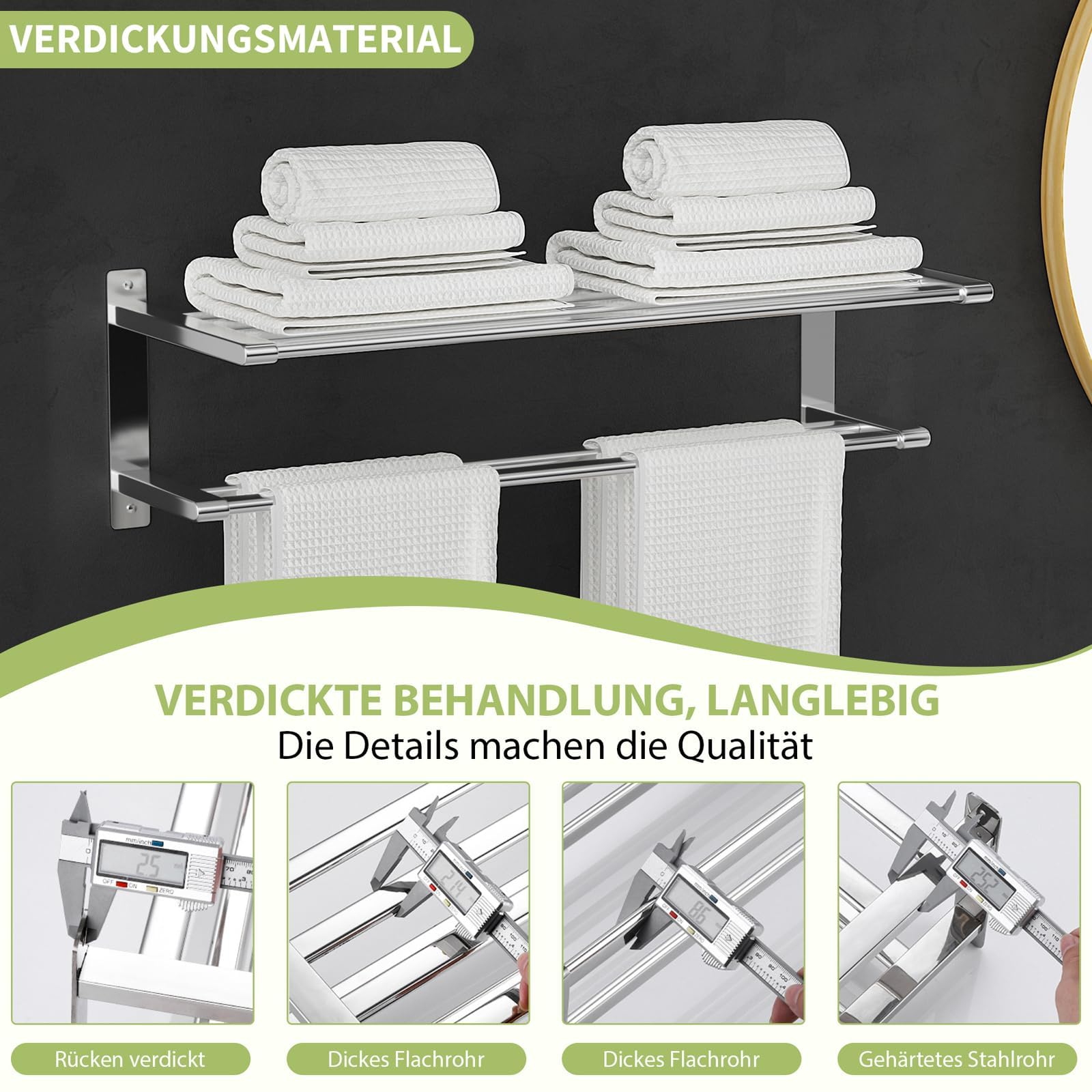OUUTMEE 60 cm,Doppelwand Handtuchhalter,304 Edelstahl,Wandmontierte Handtuchhaken, Waschbeckenhandtuchständer, Doppelhandtuchständer mit Ablage,Silber, für Badezimmer und Küche