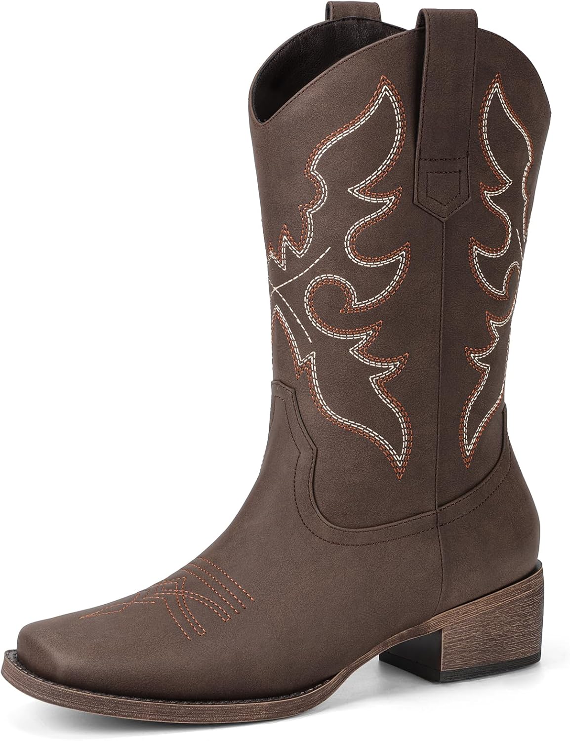 Cowboy Boots for Women Square Toe - Mid Calf Western Cowgirl Boots with Embroidery, Pull On Low Chunky Heel Fashion Footwear for Daily Casual Party Country Concert Rodeo