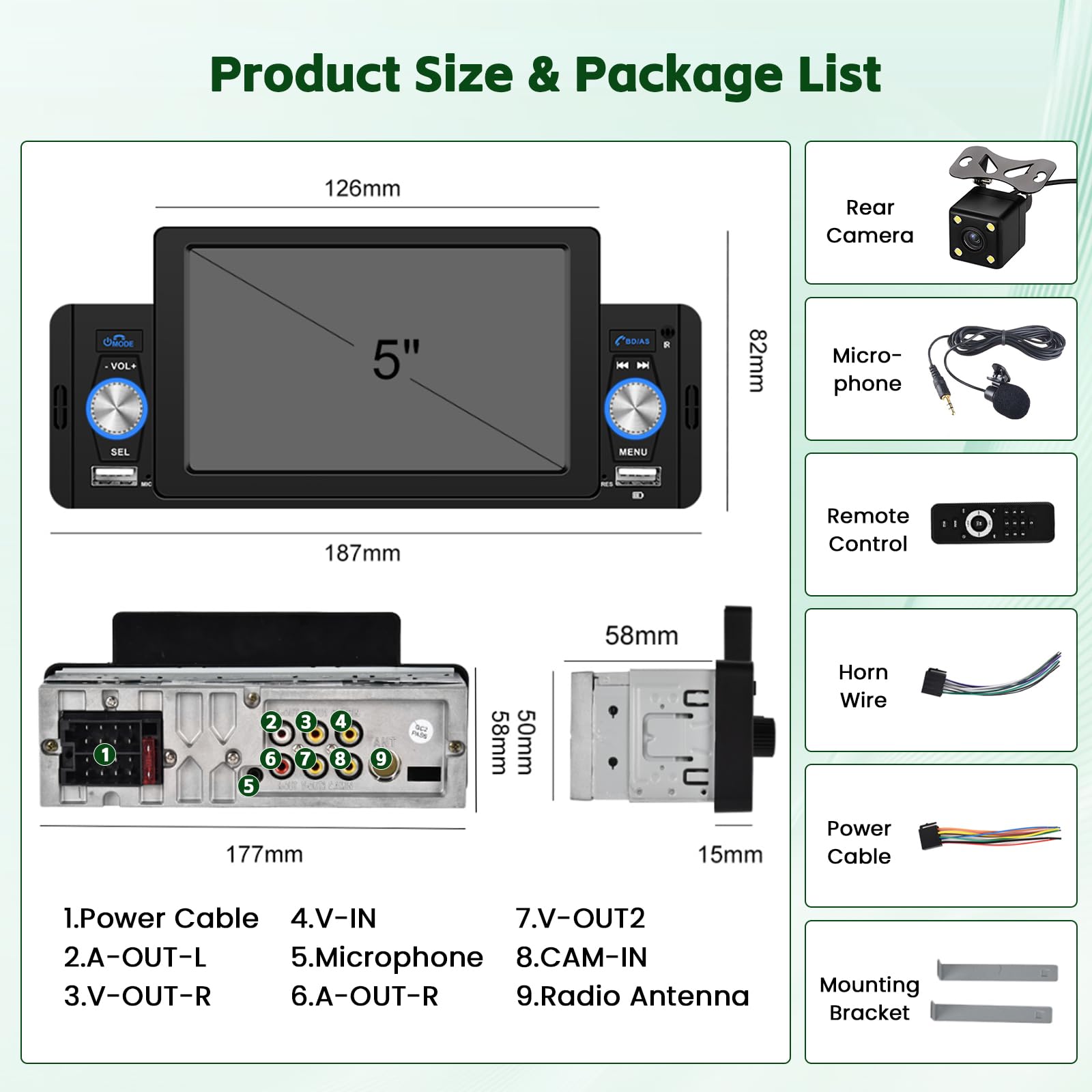 Hikity 5" 1 DIN CarPlay Autoradio avec Bluetooth FM Caméra de Recul | Écran Tactile Android Auto Mirror Link Commandes au Volant Mains Libres USB AUX Carte TF