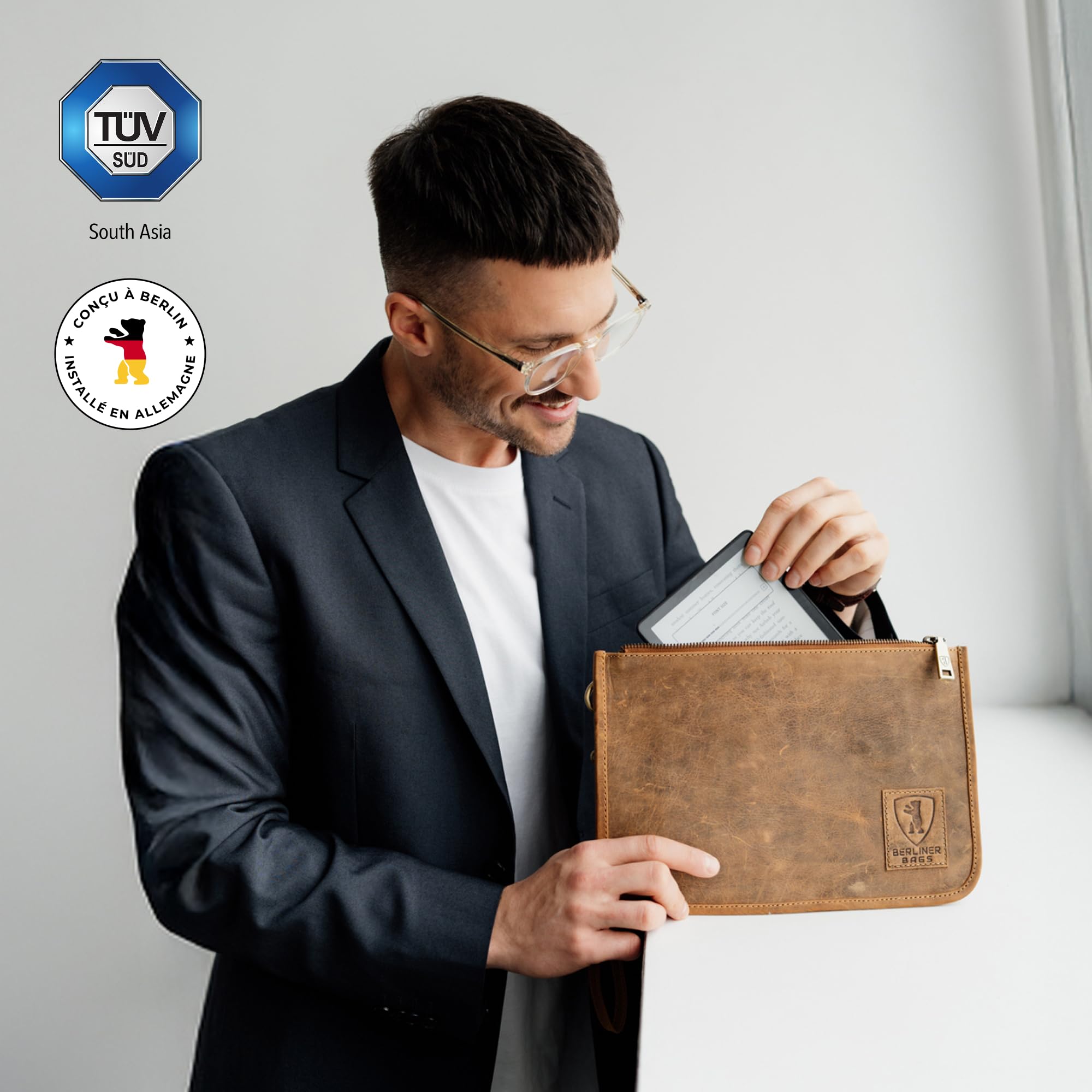 Berliner Bags Theo XL Pochette Documents en Cuir Véritable avec Fermeture Éclair, Organiseur de Voyage et Porte-Passeport Élégant et Durable pour Homme et Femme – Marron