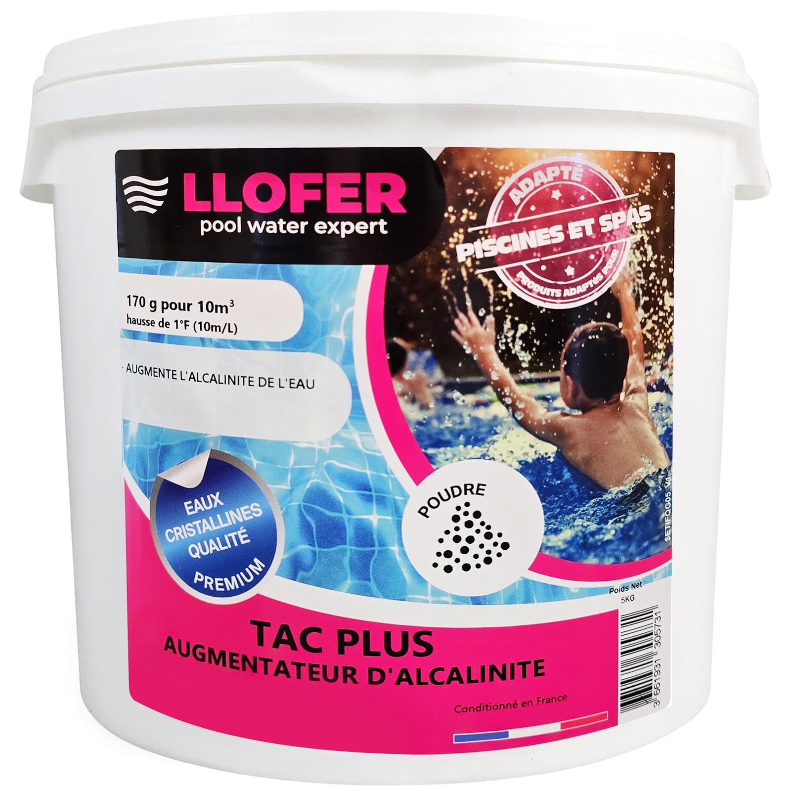 Llofer TAC+ – Correcteur d'Alcalinité Piscine en Poudre – Stabilise le pH & Améliore le Confort de Baignade – Seau 5 kg