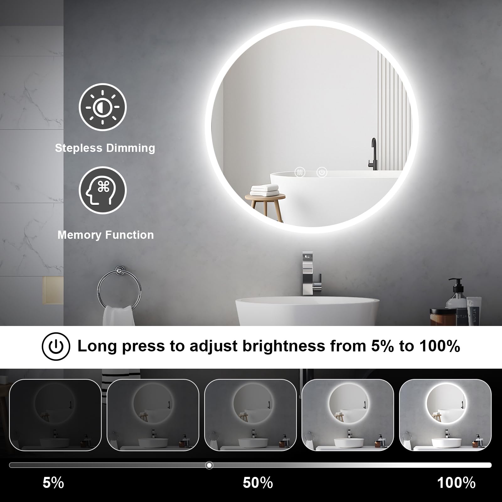 Badspiegel mit Beleuchtung Rund 70cm, Badezimmerspiegel Wandspiegel und Touch-Schalter, IP65-Led-Spiegel-Bad mit Speicherfunktion, 3 Farbtemperatur,dimmbarer,Antibeschlag,HD Hartglas