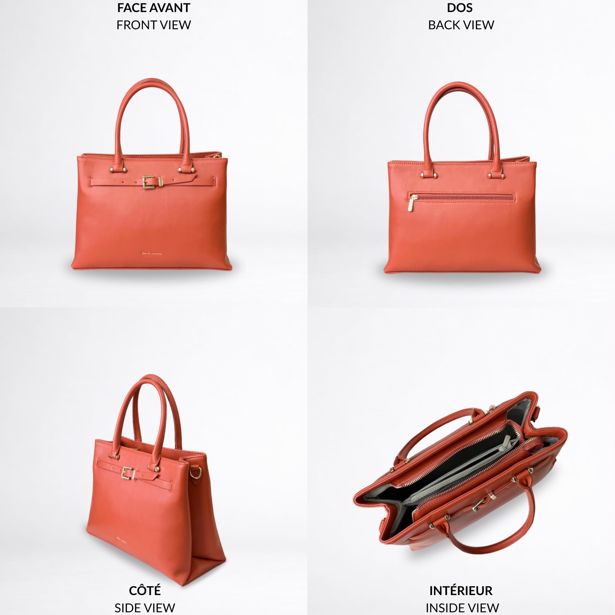 David Jones - Bolso de mano para mujer de gran formato, doble compartimento, piel sintética lisa, bandolera extraíble, bolsillos con cremallera