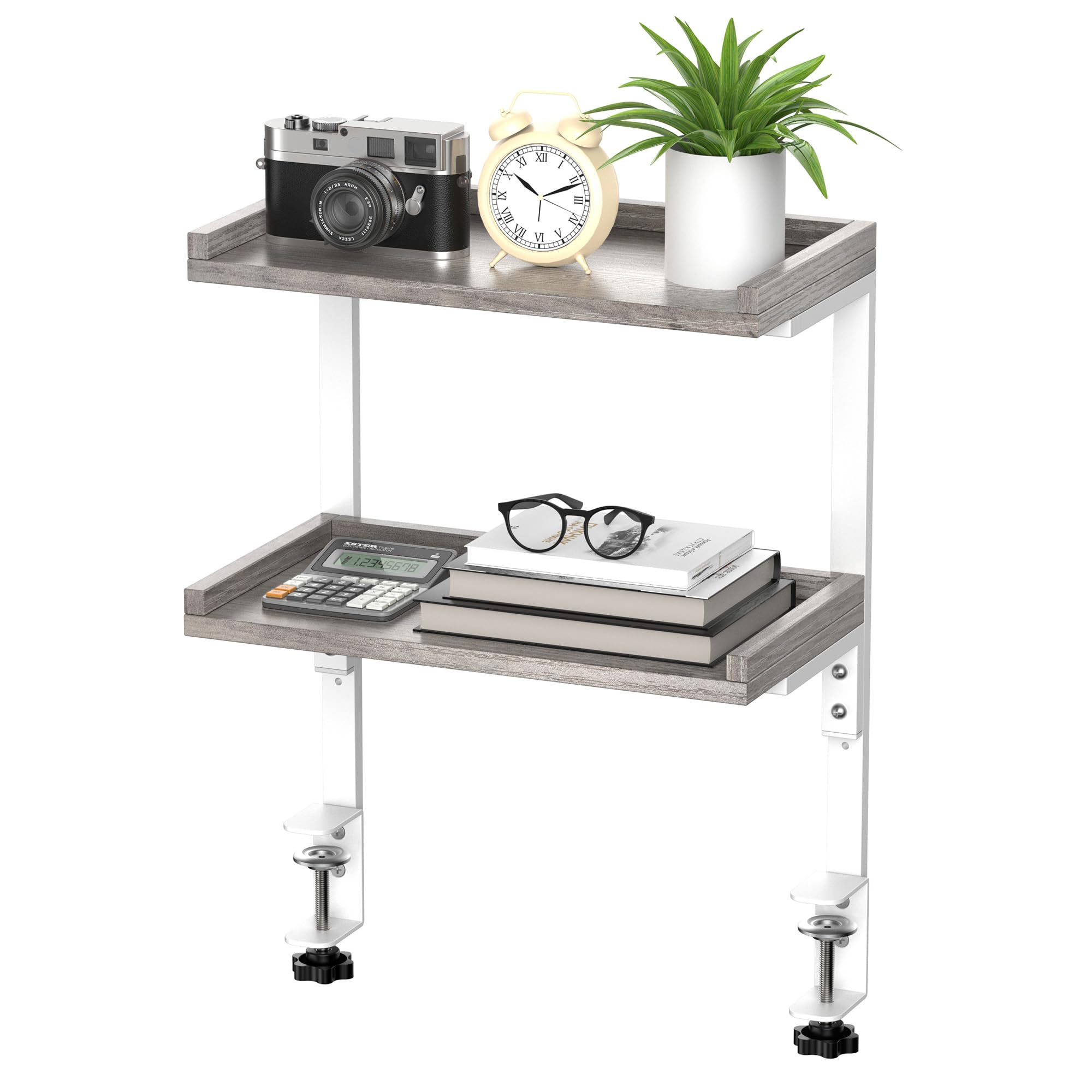 THYGIFTREE Clamp On Desk Shelf 2-Tier, Wood Shelving Unit for Office Gaming Accessories, Tabletop Book Storage Rack, Shelf for Top of Desk, (Grey)