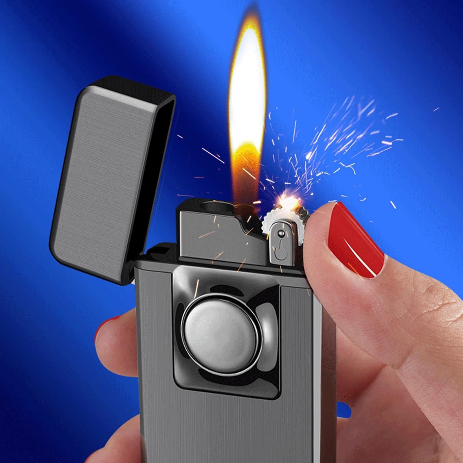 Mechero de metal resistente al viento, linterna doble con llama suave ajustable y chorro, encendedor de butano recargable, ventana de combustible visible para acampar y asar (combustible no incluido)