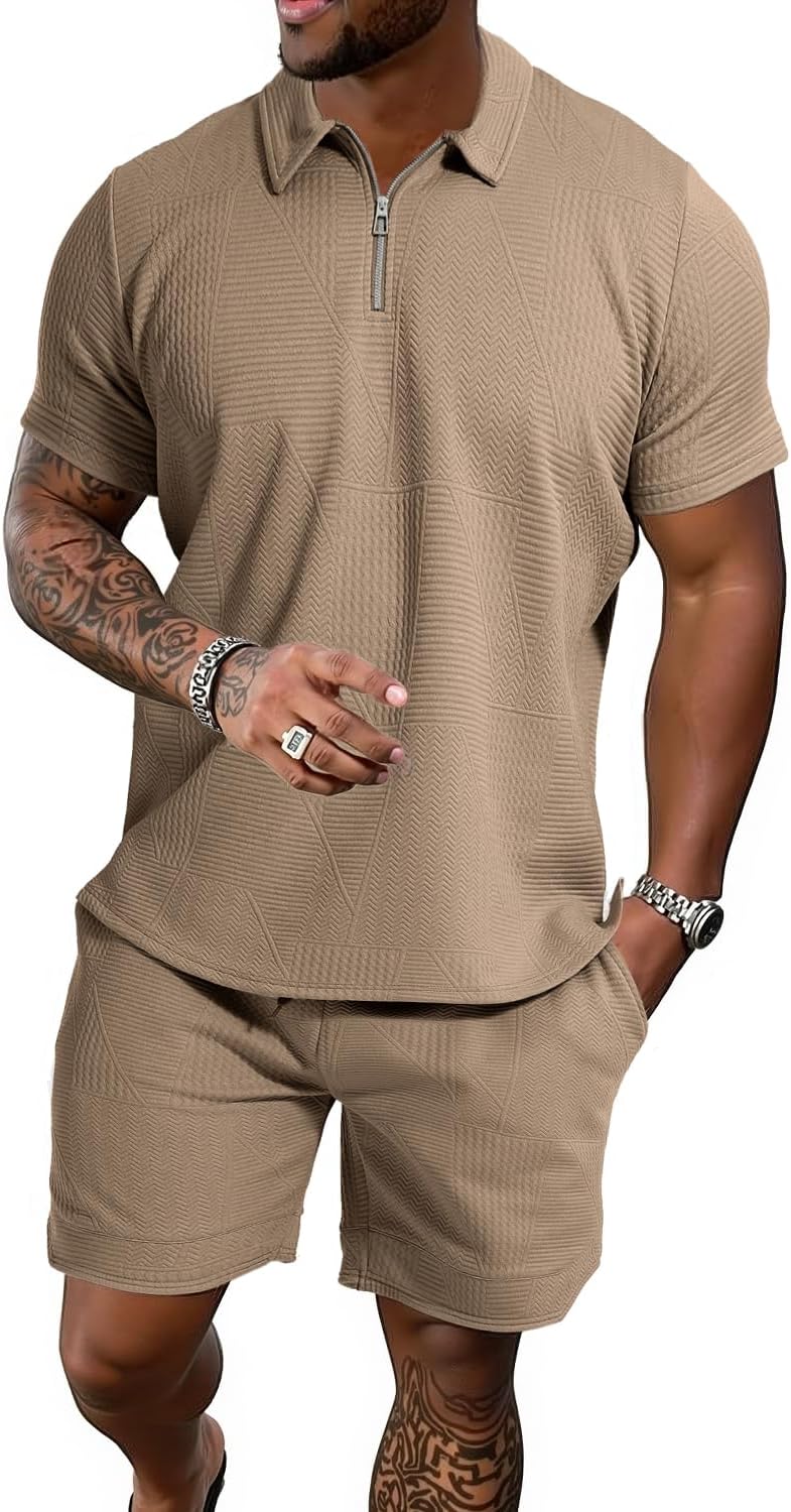 GYMELITE Men’s 2 Piece Short Sets Outfits Summer Polo Shirts and Shorts Casual Zip Short Sleeve Fashion Shorts Tracksuit Set