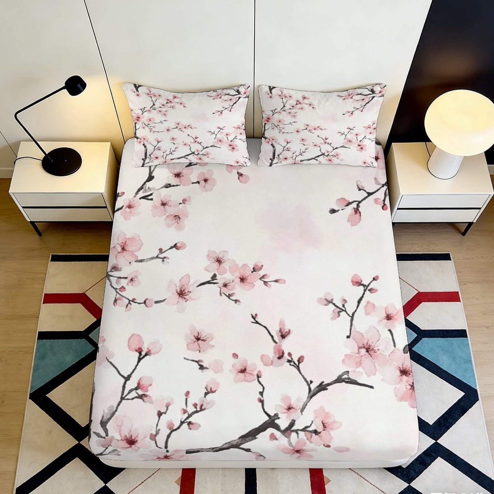 3D Printed Cherry Blossom Fitted Sheet Microfiber Floral Soft Breathable Sakura Bed Cover for Bedroom Dormitory Guest Room Mattress Protection 120x200x25cm